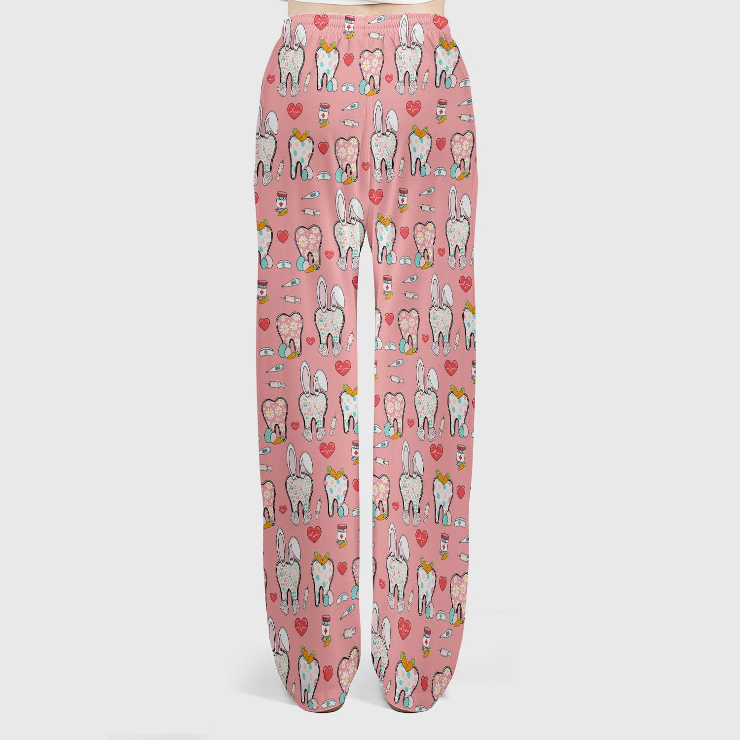 Playful Bunny Dentist Illustration Medical Set, Scrub Pants and V Neck Top