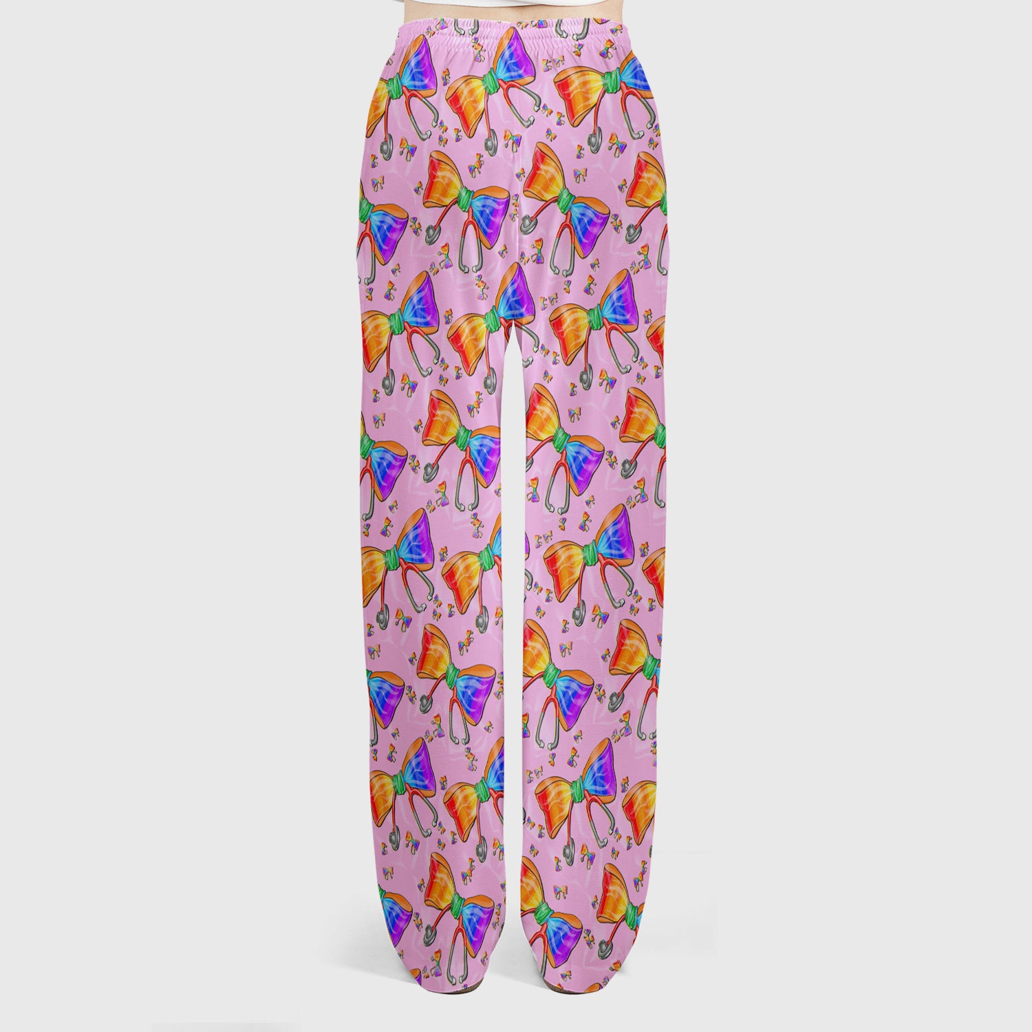 Colorful Rainbow Bow Stethoscope Pattern Scrub Top, Breathable Fabrics Nursing Uniform