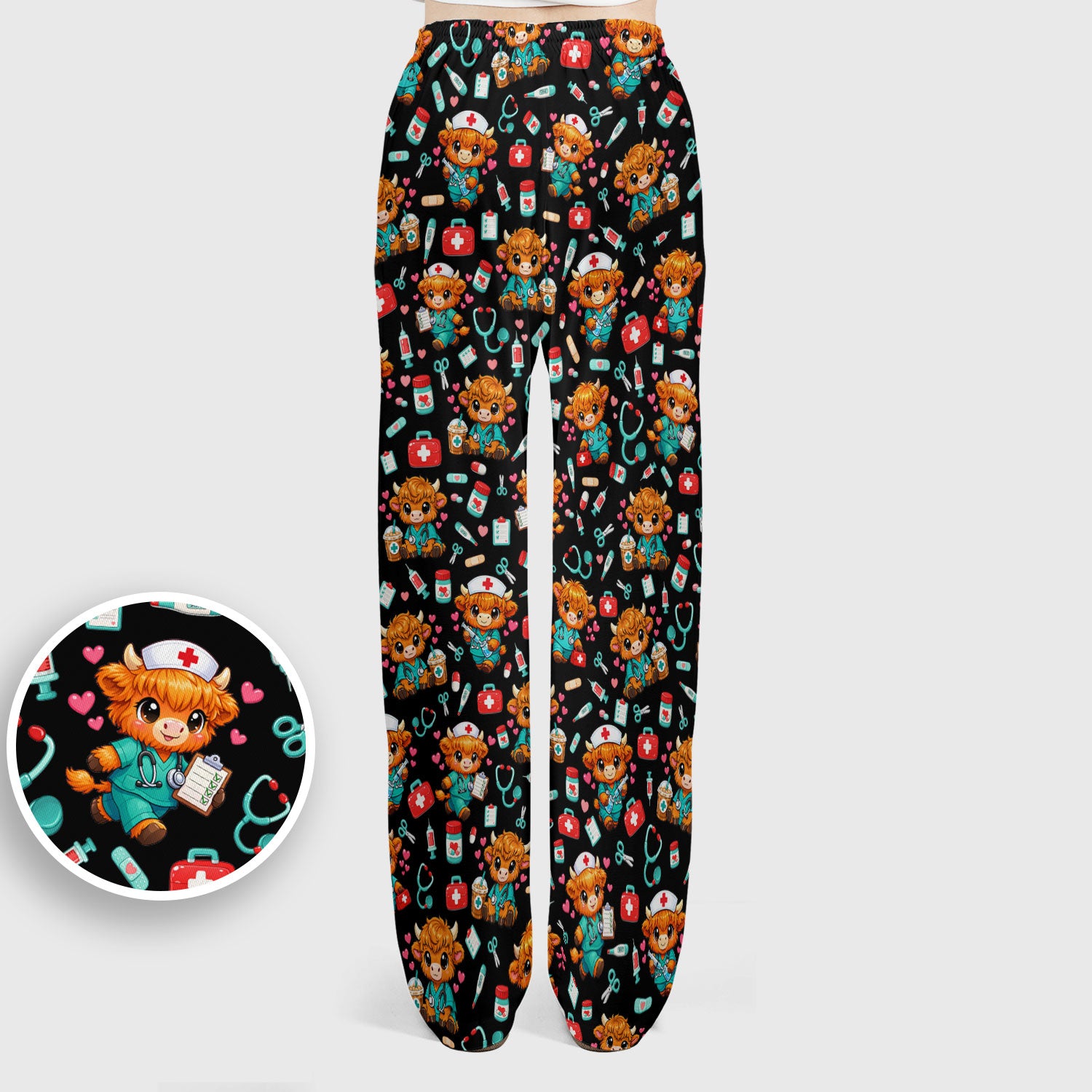 Cute Highland Cow Nurse Scrub Set, Kawaii Medical Pattern Shirt, Breathable Fabrics Nursing Uniform