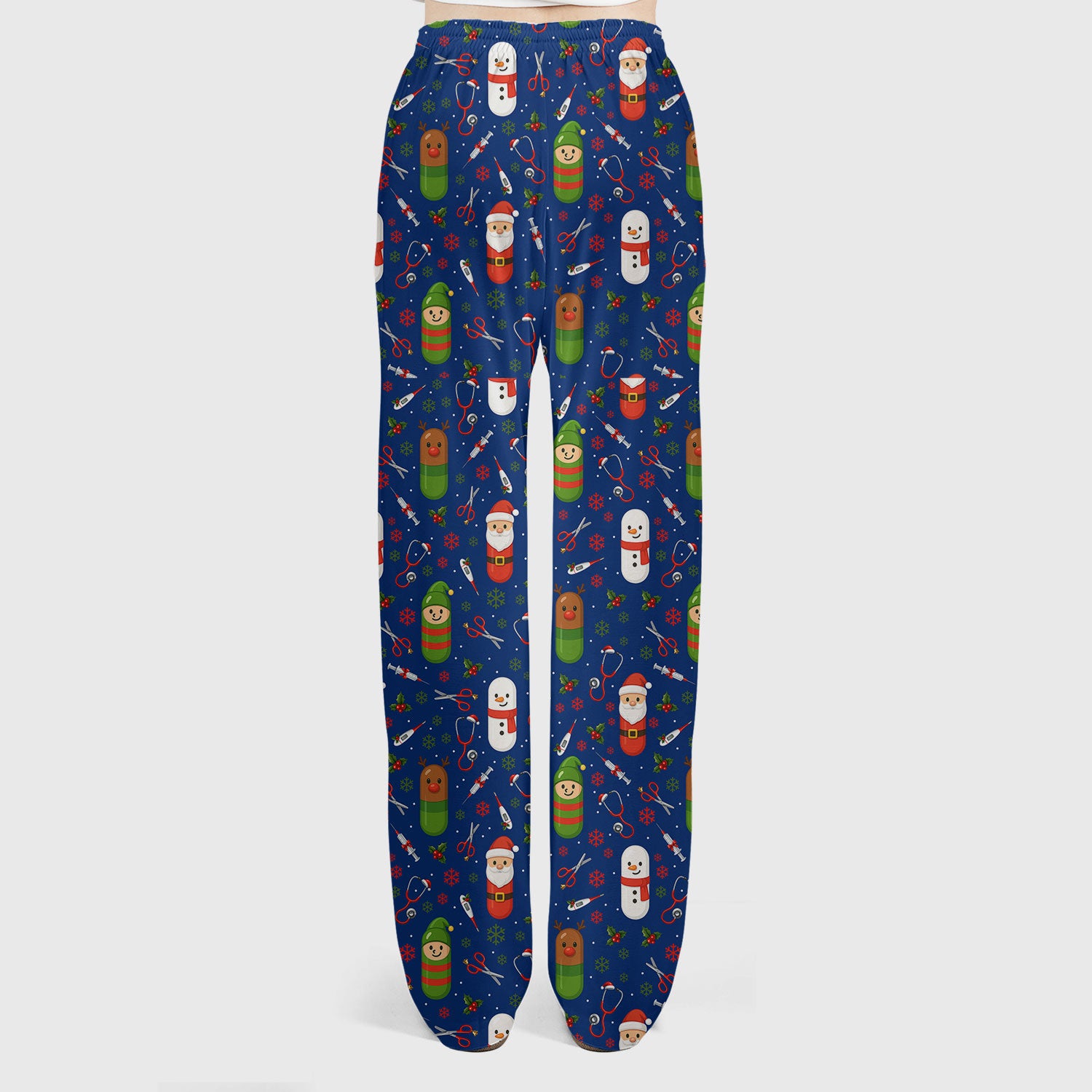 Santa Christmas Scrubs Set - Cute Holiday Pattern with Reindeer and Snowman - Fun Medical Scrub Top and Pants for Women Nurses