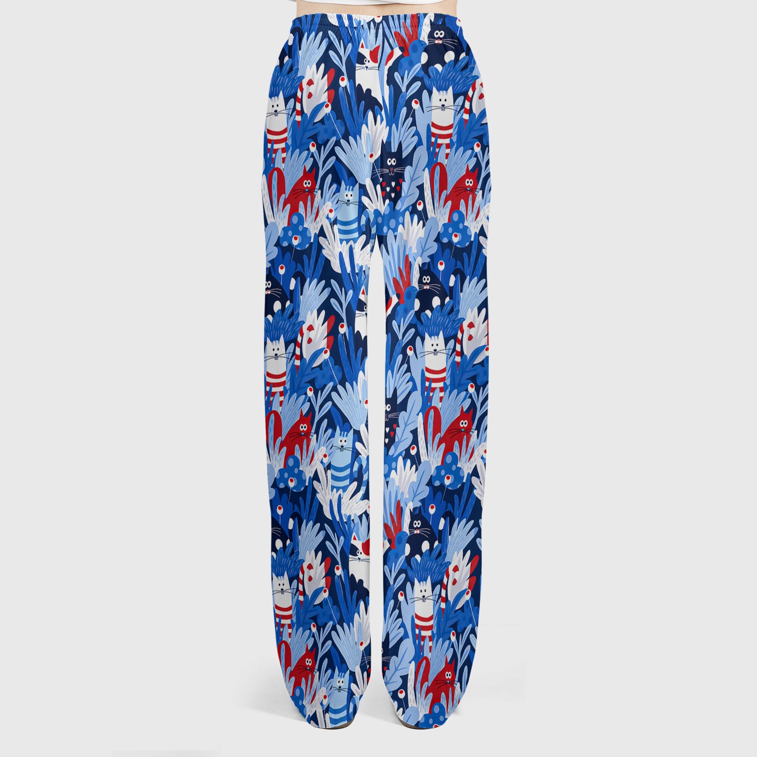 Cute Cats Among Blue Foliage Pattern Scrub Set, Scrub Pants and V Neck Top