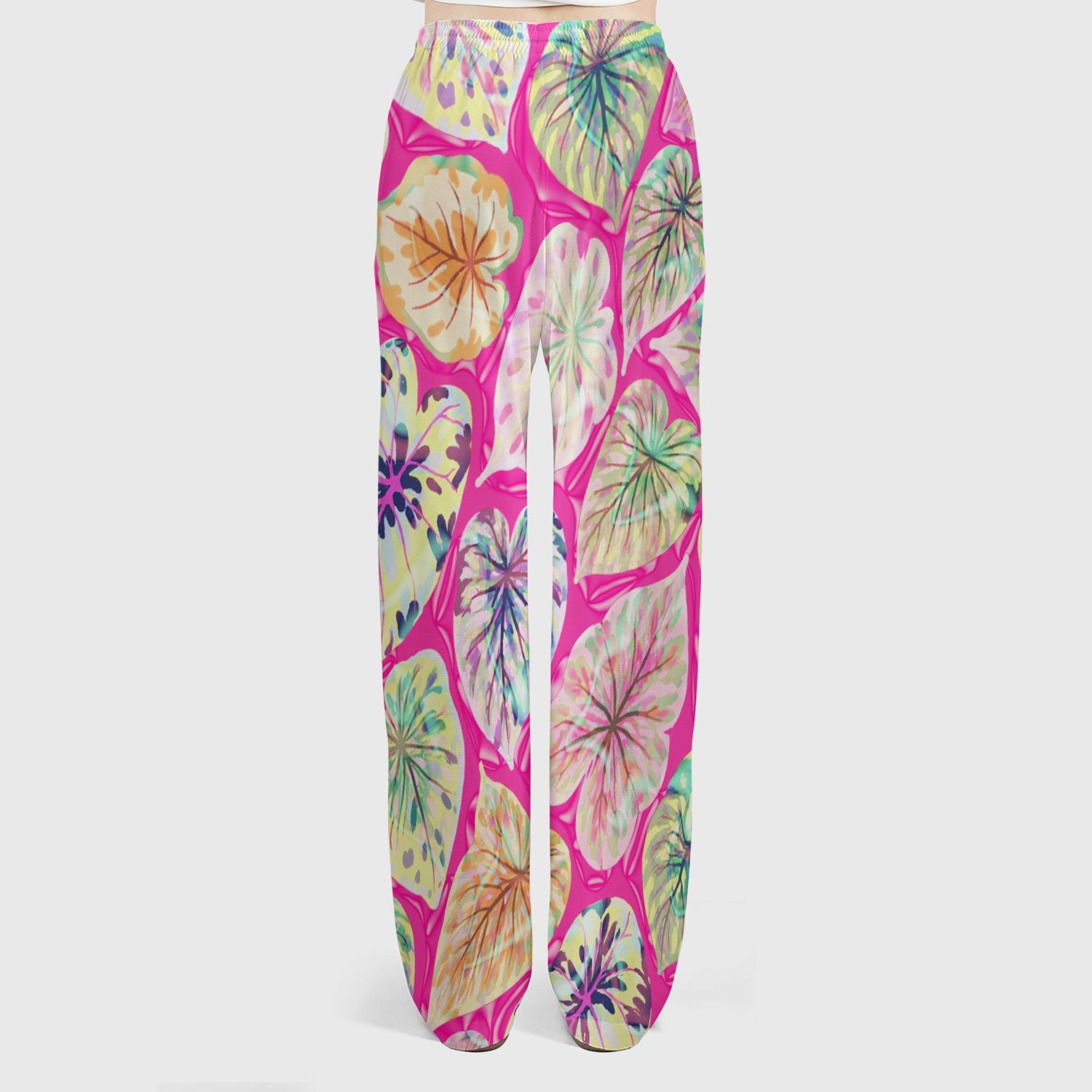 Tropical Colorful Shaped Leaf Nurse Pattern Scrub Set, Scrub Pants and V Neck Top