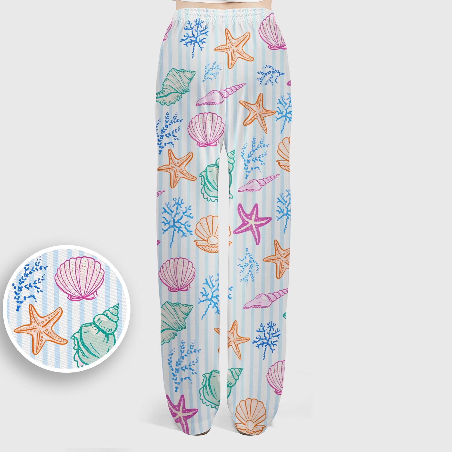 Colorful Seashell Starfish Ocean Stripe Pattern Scrub Set, Women's Scrub Sets