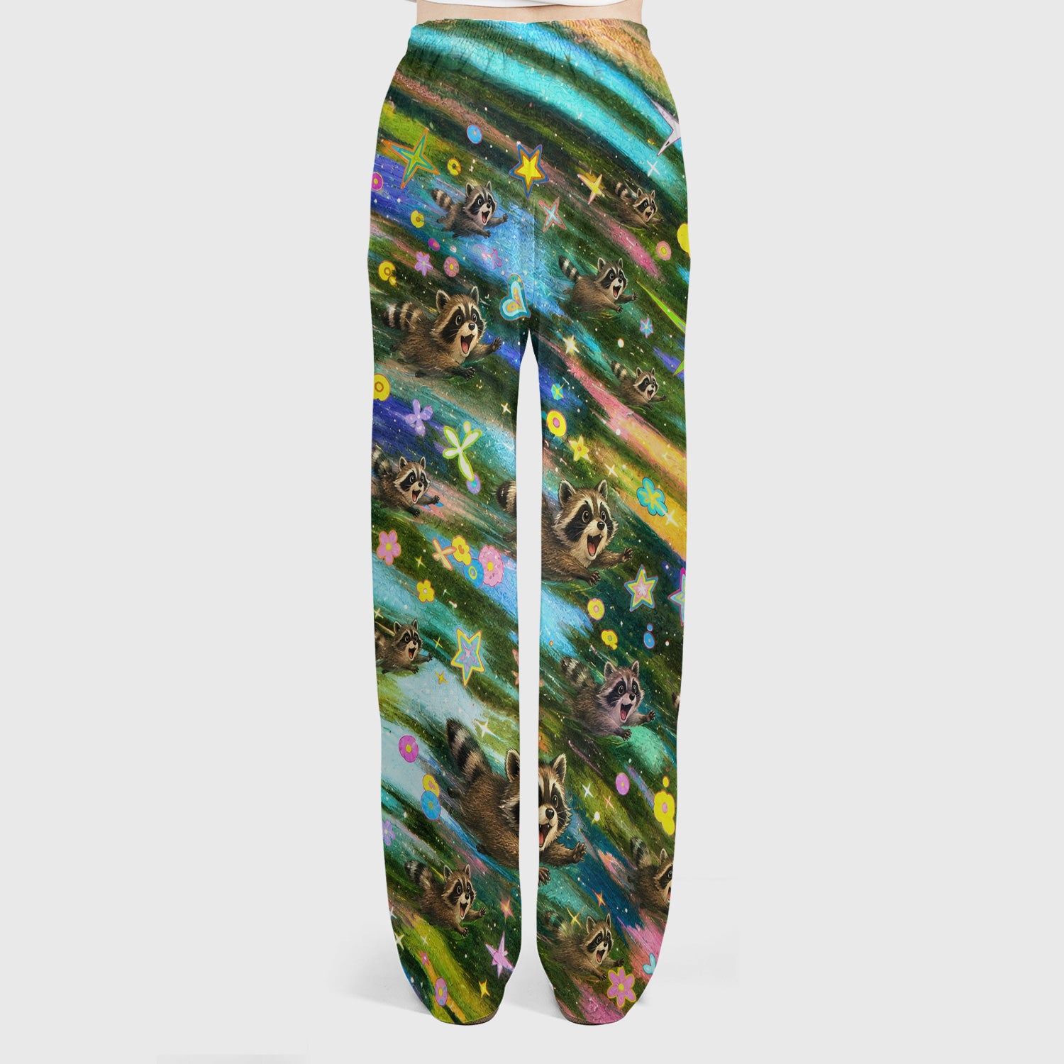 Cute Raccoon Rainbow Dash Pattern Scrub Set, Scrub Pants and V Neck Top