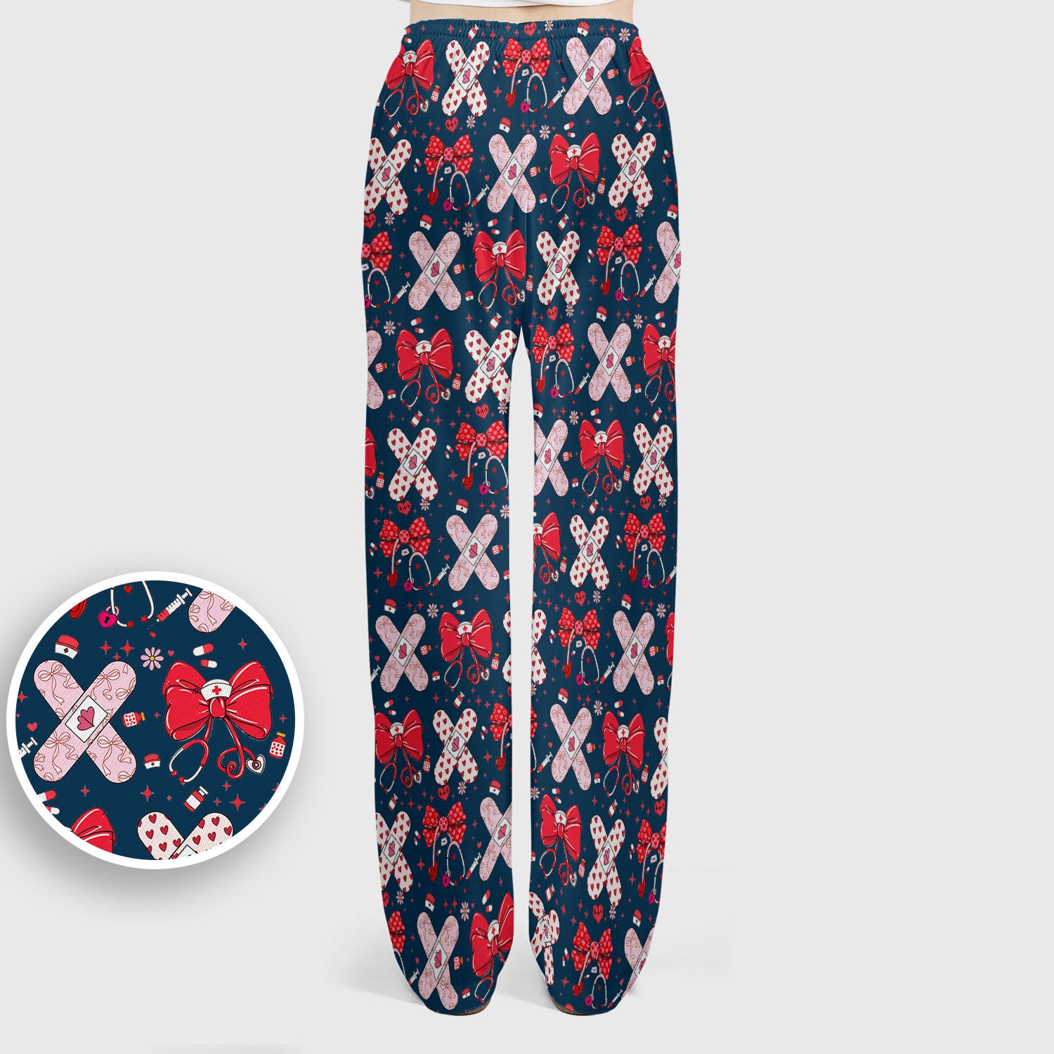 Valentine Nurse Scrub Set, Red Bow And Heart Bandage Pattern Medical Shirt, Breathable Fabrics Nursing Uniform