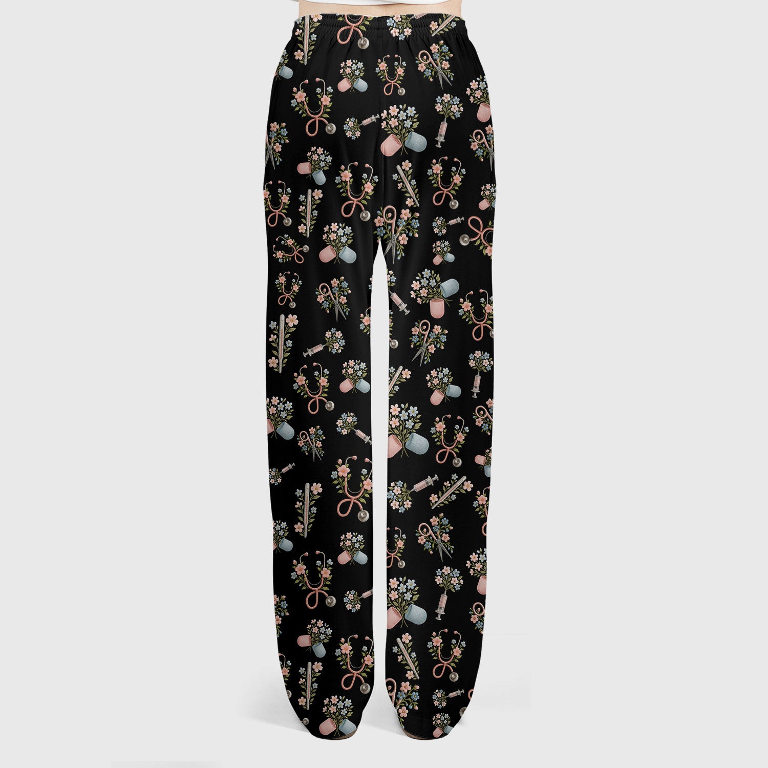 Floral Medical Scrub Set, Elegant Stethoscope With Flower Nursing Shirt, Breathable Fabrics Nurse Uniform