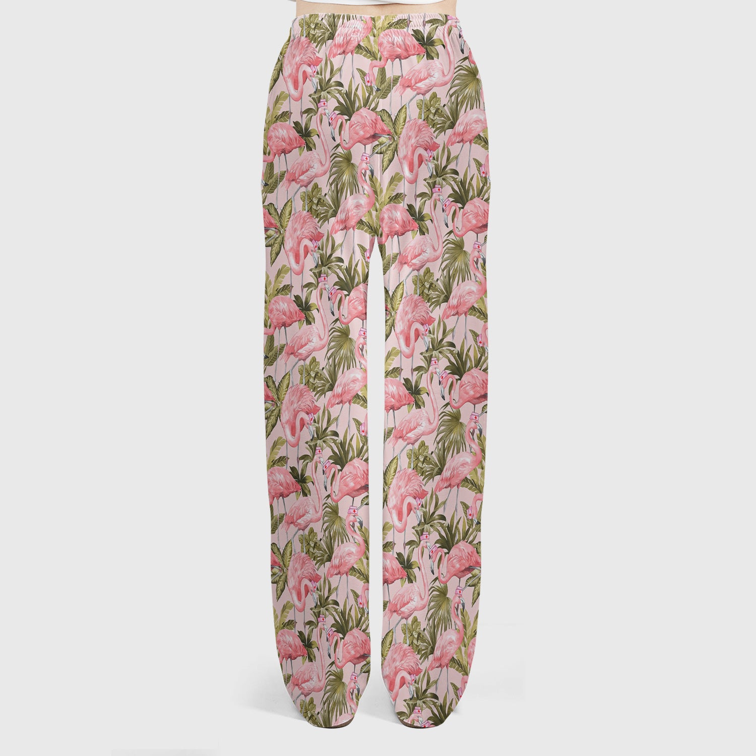 Pink Flamingo Jungle Leaves Pattern Scrub Set, Scrub Pants and V Neck Top