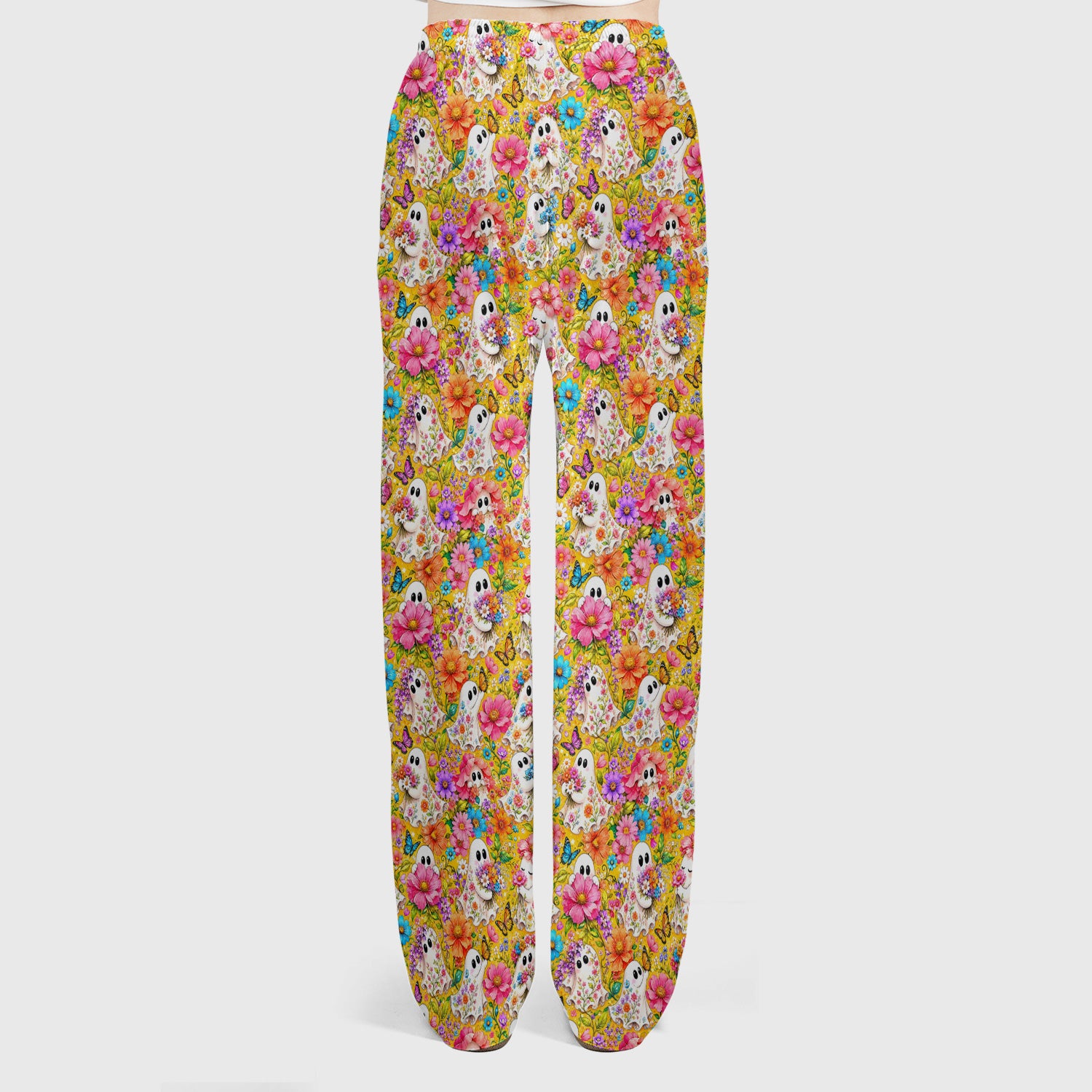 Cute Floral Ghosts And Butterflies Scrub Set, Scrub Pants and V Neck Top
