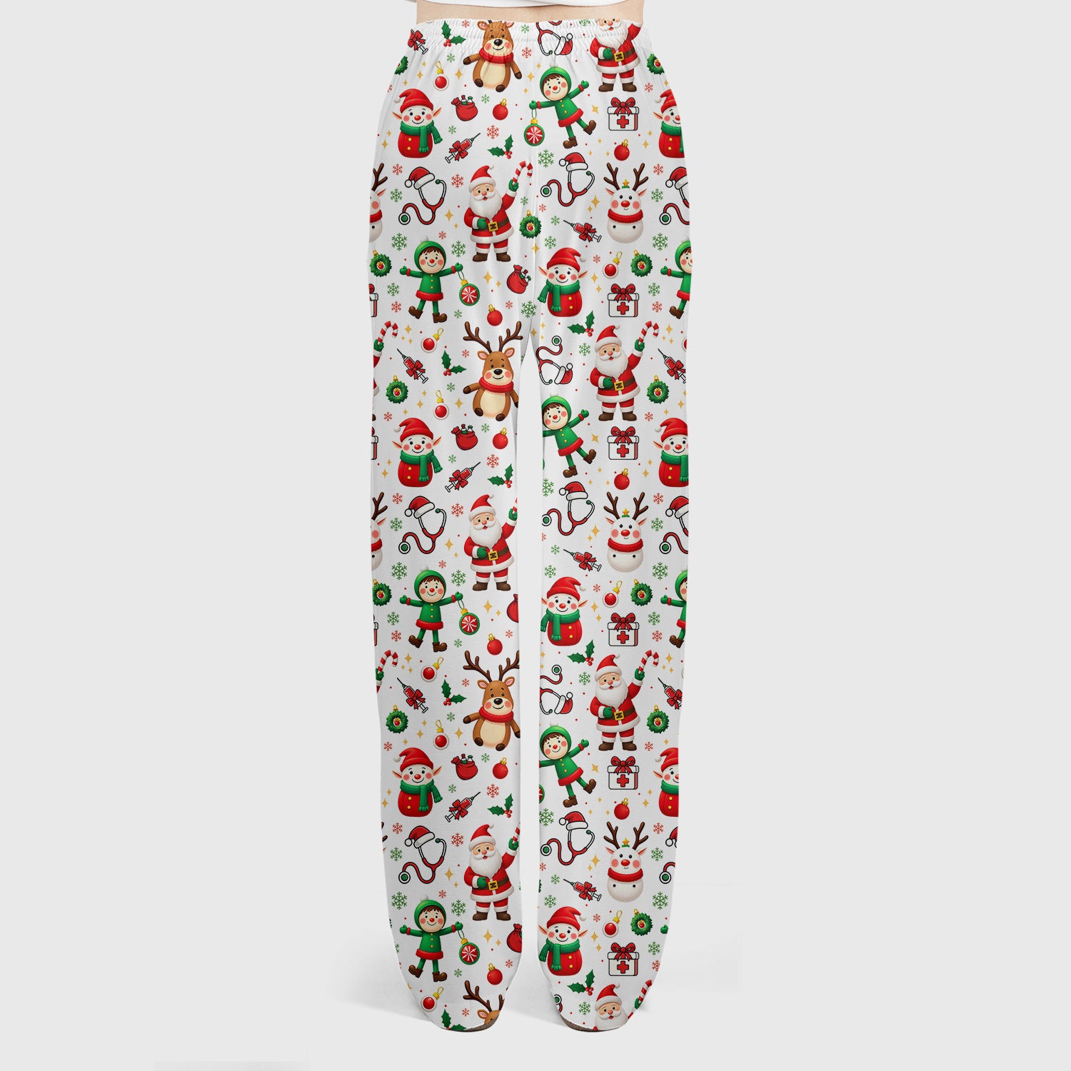 Christmas Comfortable Scrubs for Nurses - Cute Santa Reindeer Scrubs Pants and V Neck Top - Festive Holiday Med Uniform for Women