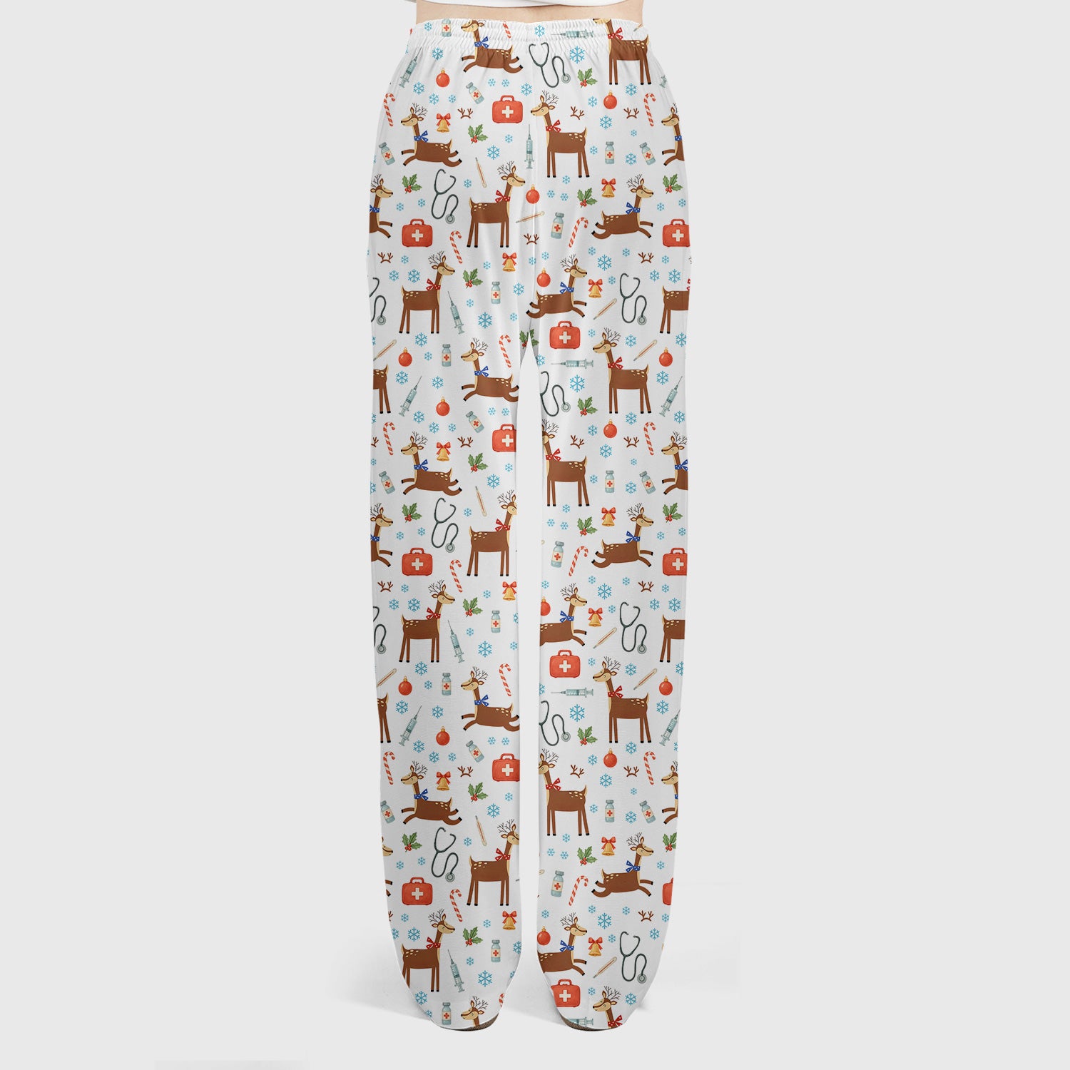 Christmas Reindeer Scrub Set for Nurses - Cute Reindeers Snowflakes Candy Canes - Comfortable Med Uniform