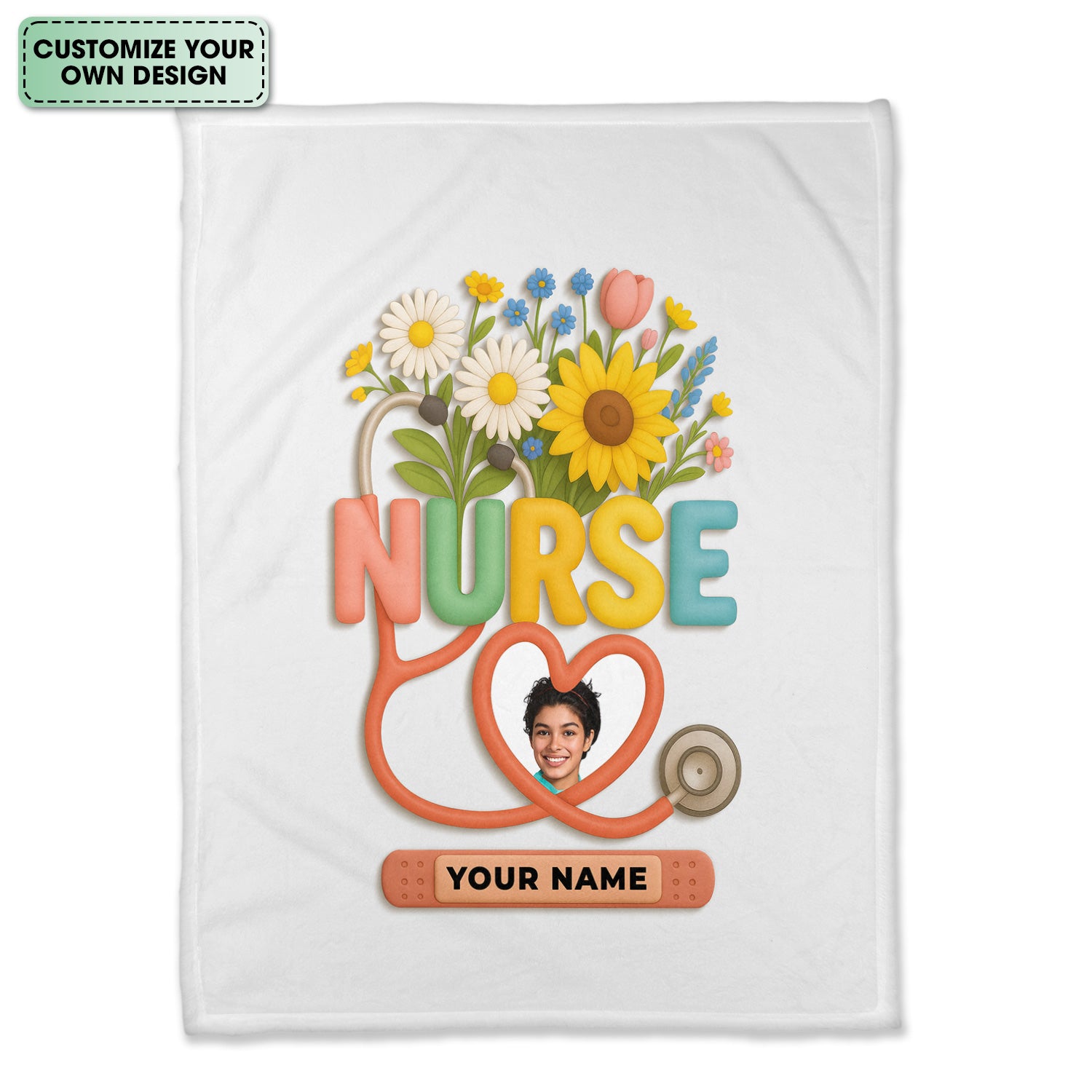 Personalized Nurse Floral Graduation Blanket - Custom Photo & Name with Stethoscope for RN LPN CNA Gift - Multiple Color Options Available Keepsake