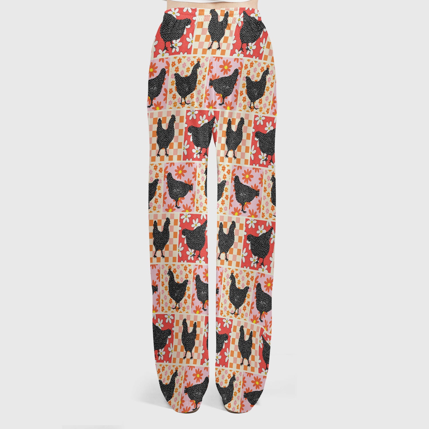 Charming Chicken Patchwork Floral Pattern Scrub Set, Scrub Pants and V Neck Top