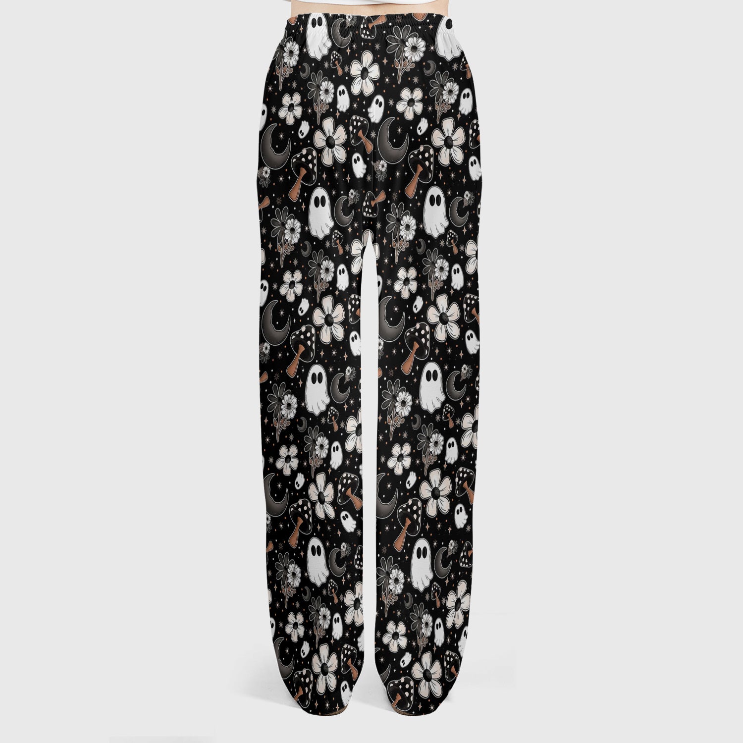 Floral Mushroom Ghost Pattern Scrub Set, Scrub Pants and V Neck Top