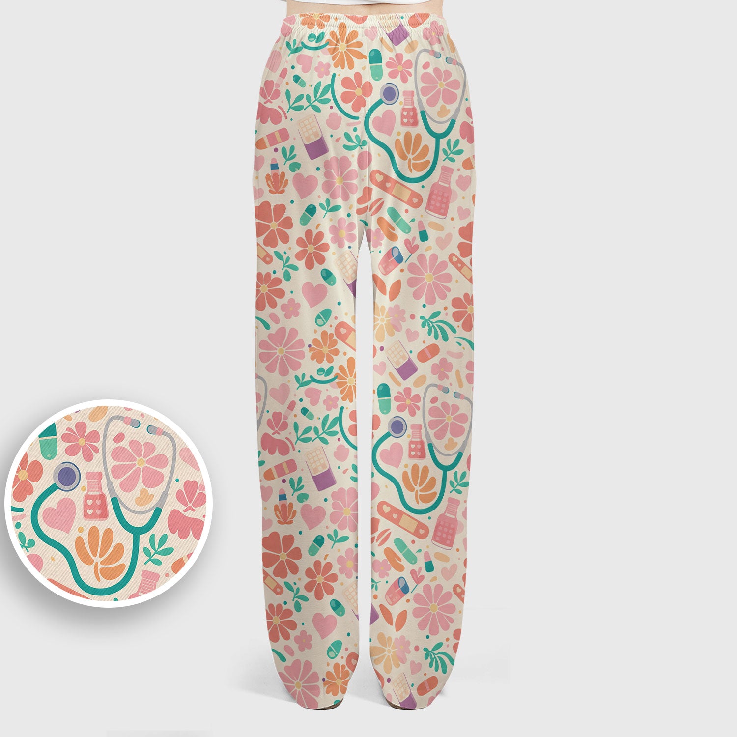 Cute Medical Floral Pattern Scrub Set, Scrub Pants and V Neck Top