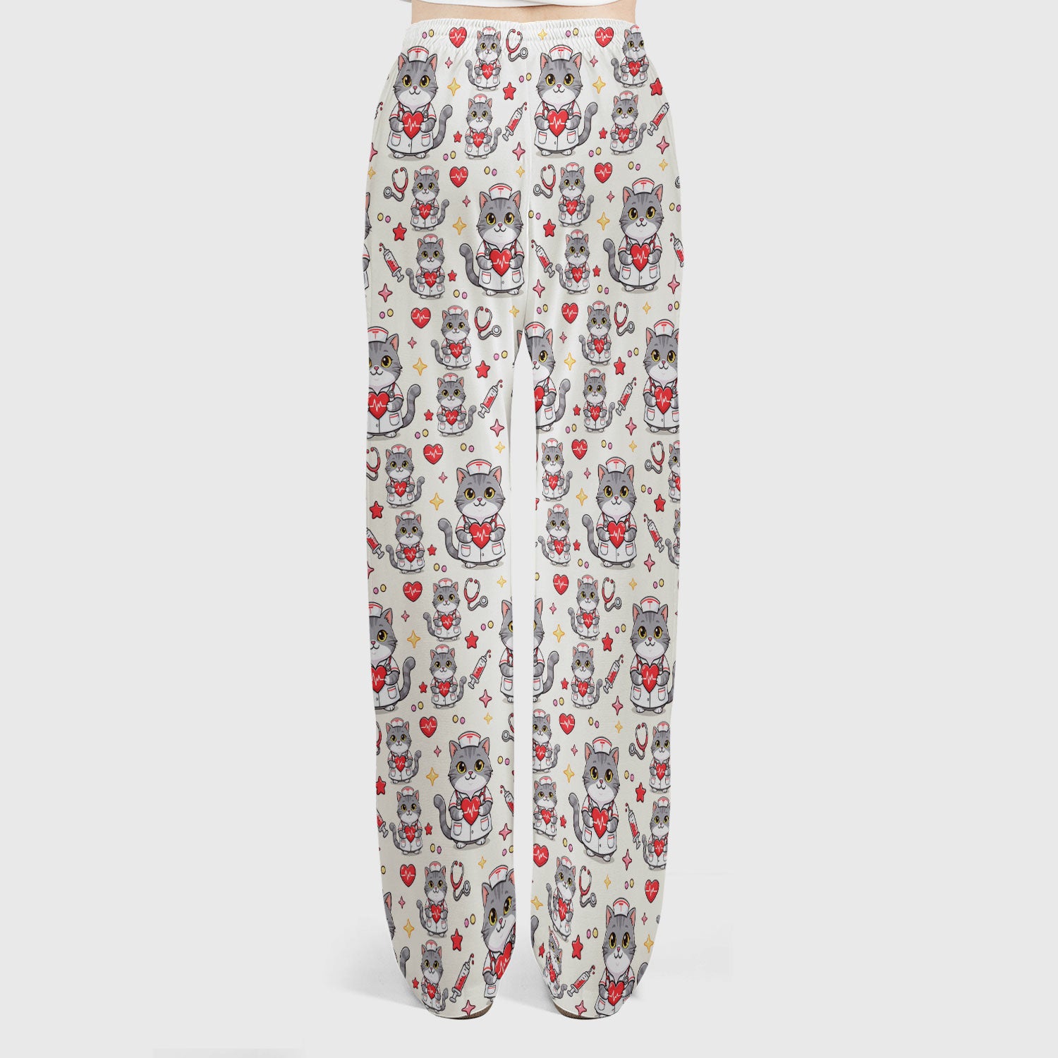 Cute Nurse Cat Heart Medical Print Scrub Set, Scrub Pants and V Neck Top