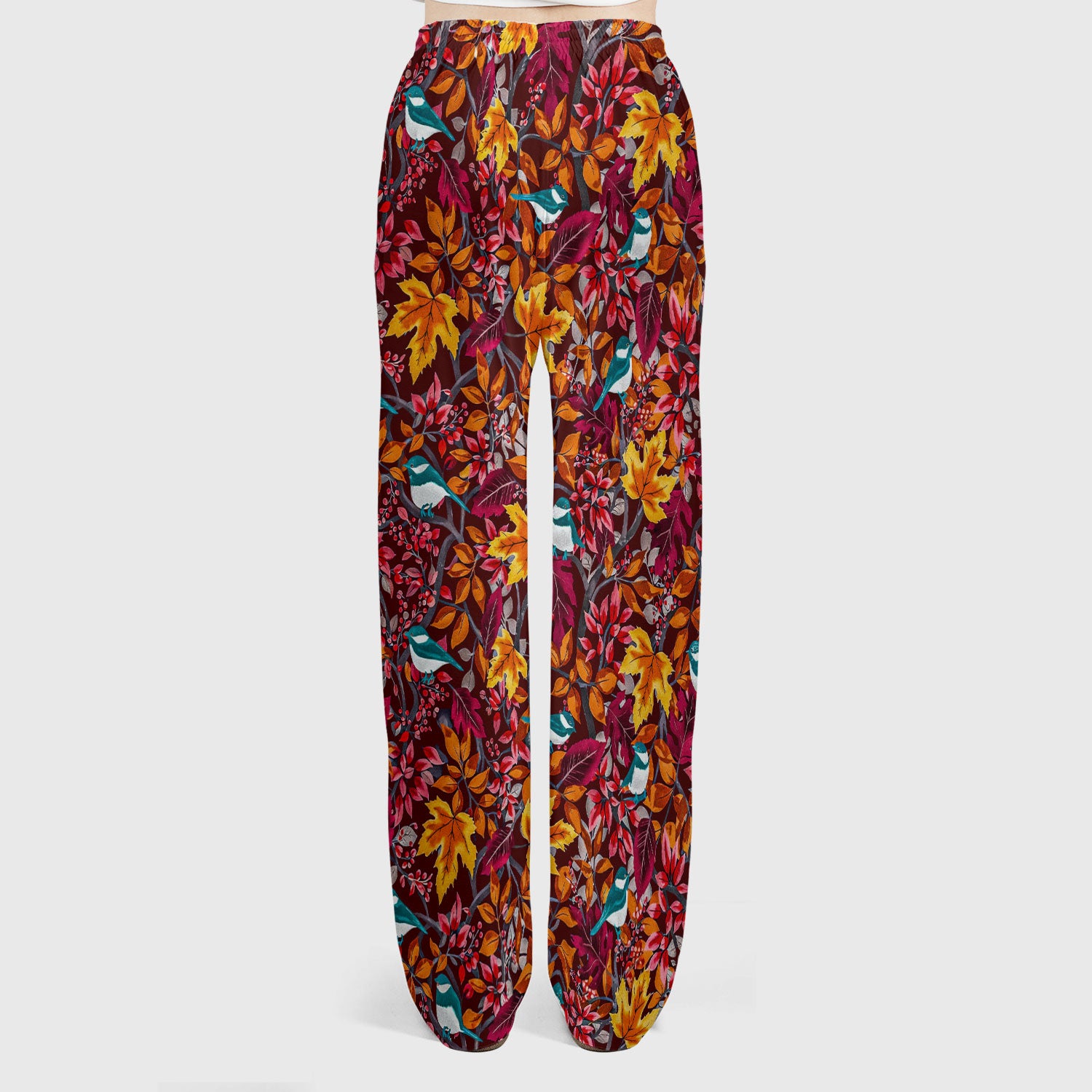 Autumn Leaves Blue Bird Pattern Print Set, Women's Scrub Sets