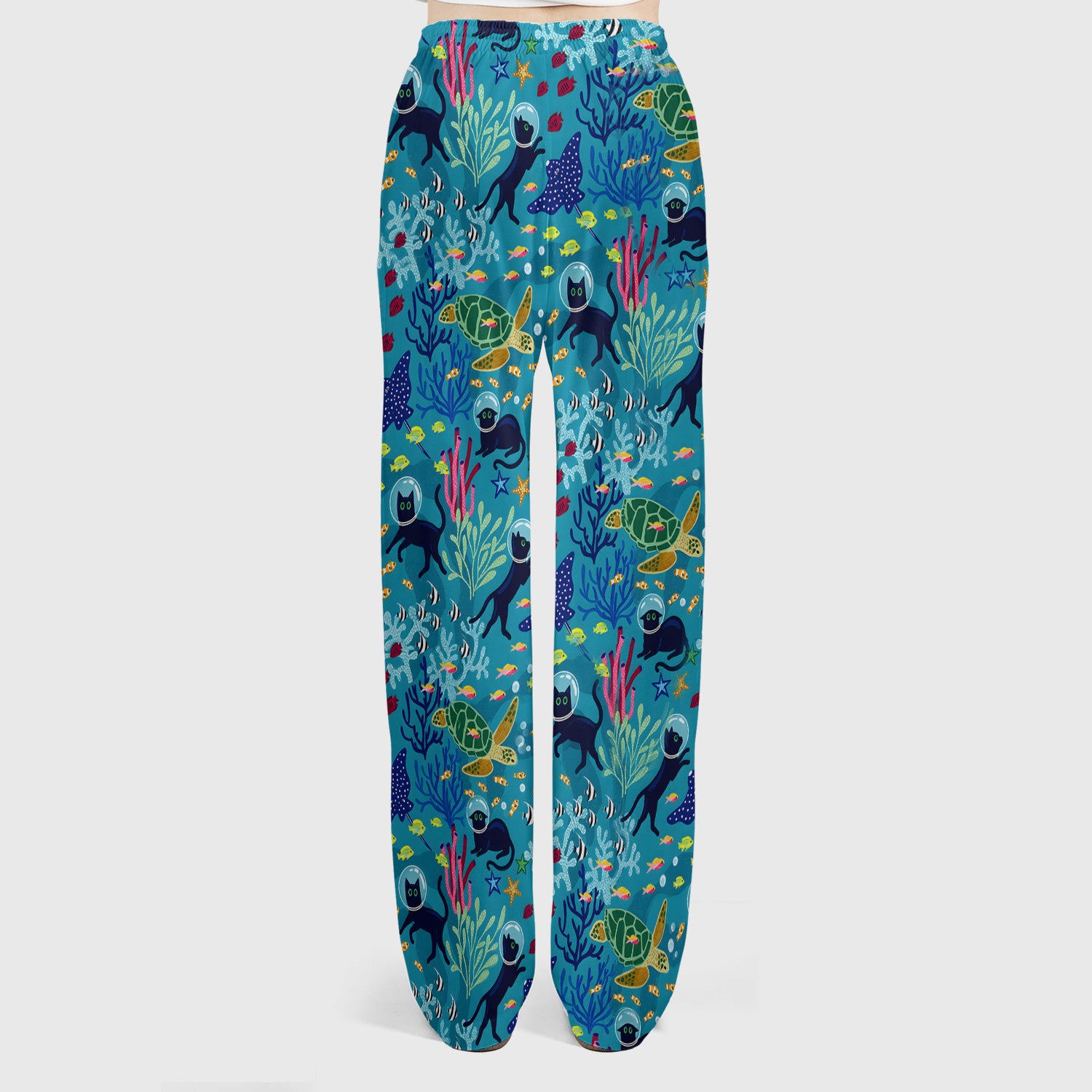 Underwater Cat Turtle Veterinary Pattern Scrub Set, Scrub Pants and V Neck Top
