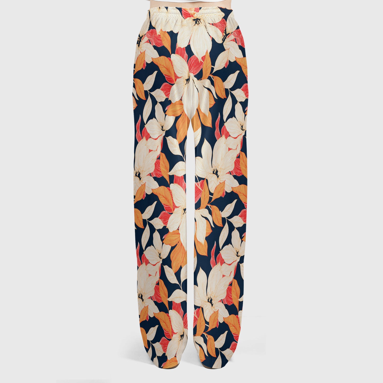 Elegant Ivory Lily Leaves Pattern Scrub Set, Scrub Pants and V Neck Top