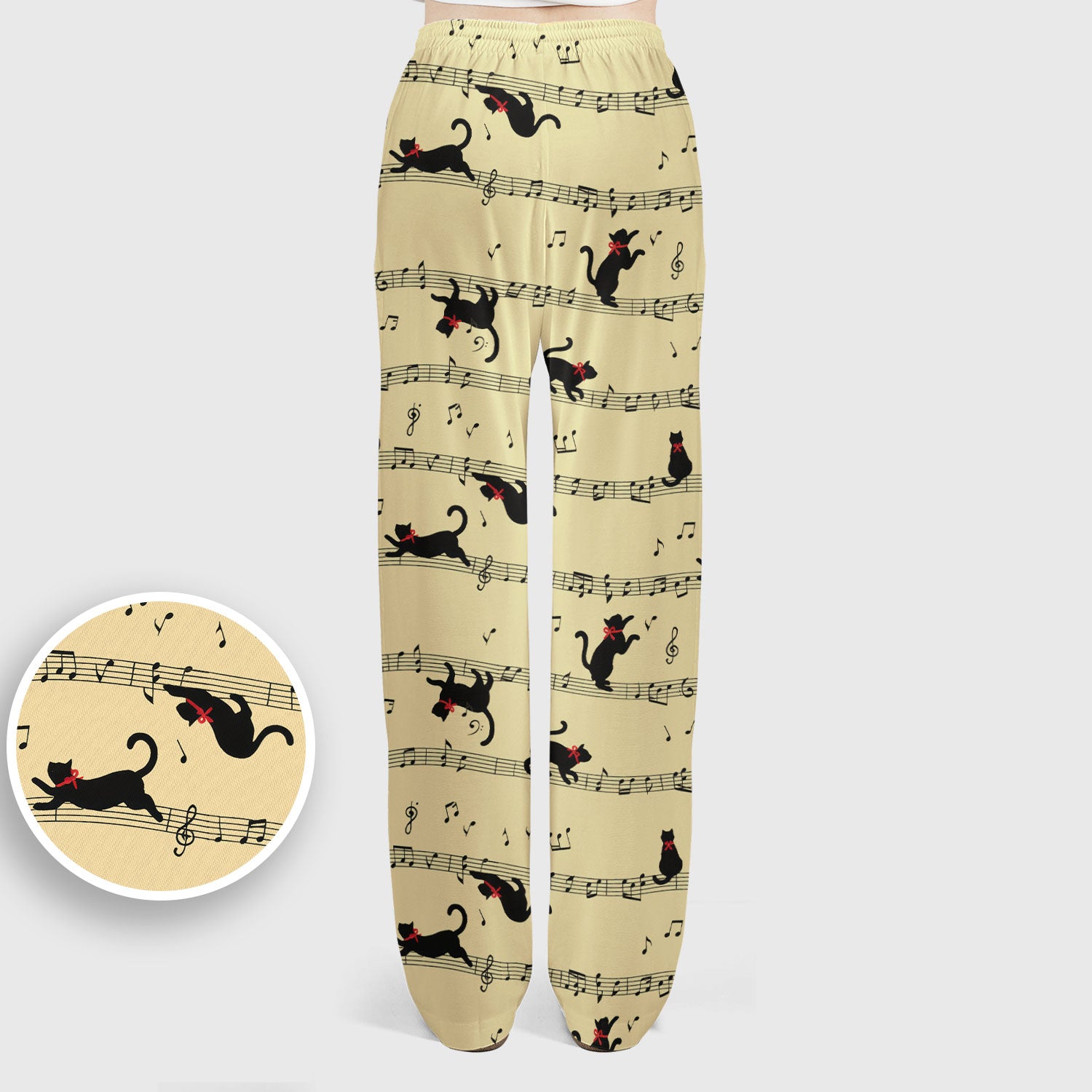 Cute Dancing Black Cat Music Staff Pattern Scrub Set, Scrub Pants and V Neck Top