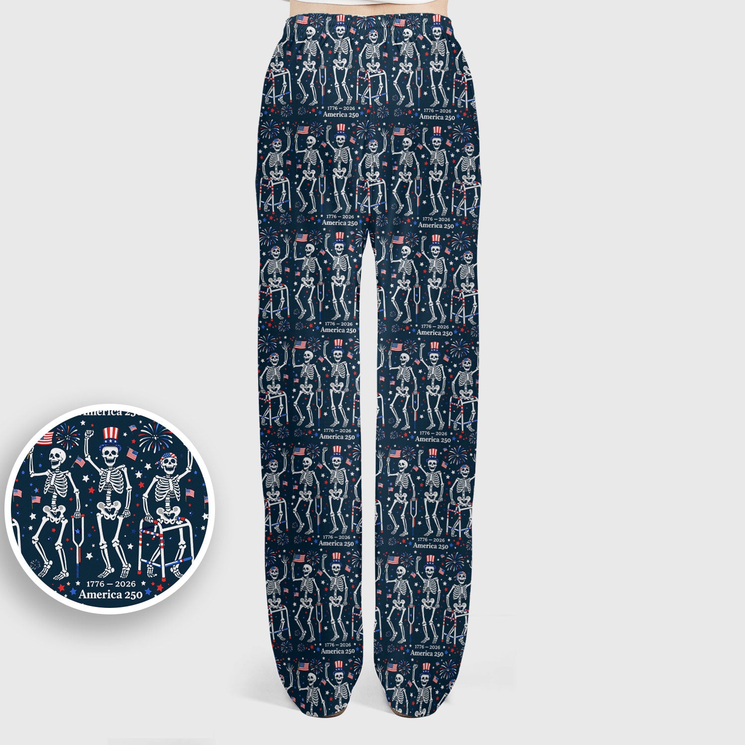 Festive Patriotic Skeleton America 250 Pattern Scrub Set, Scrub Pants and V Neck Top