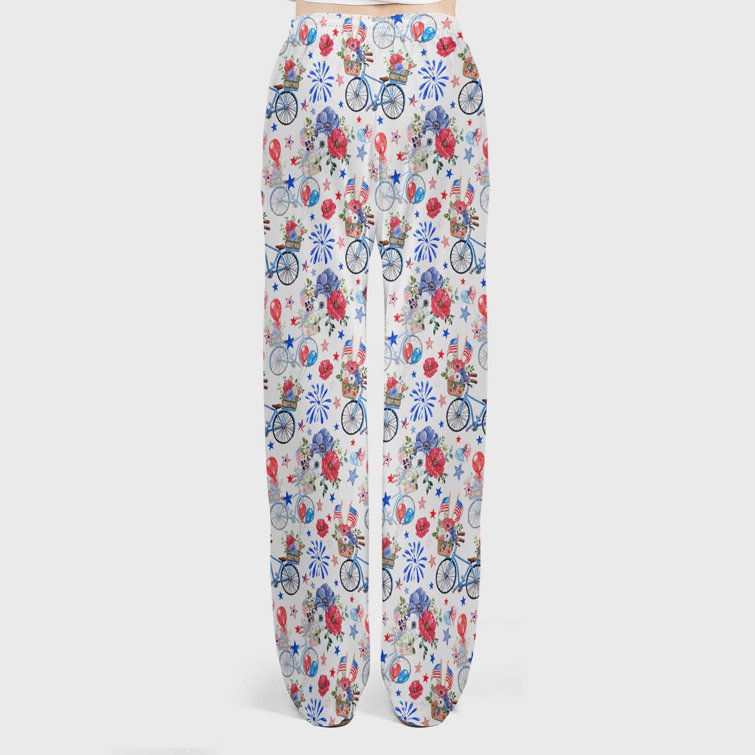 Patriotic Bicycle Floral Fireworks Print Scrub Set, Scrub Pants and V Neck Top