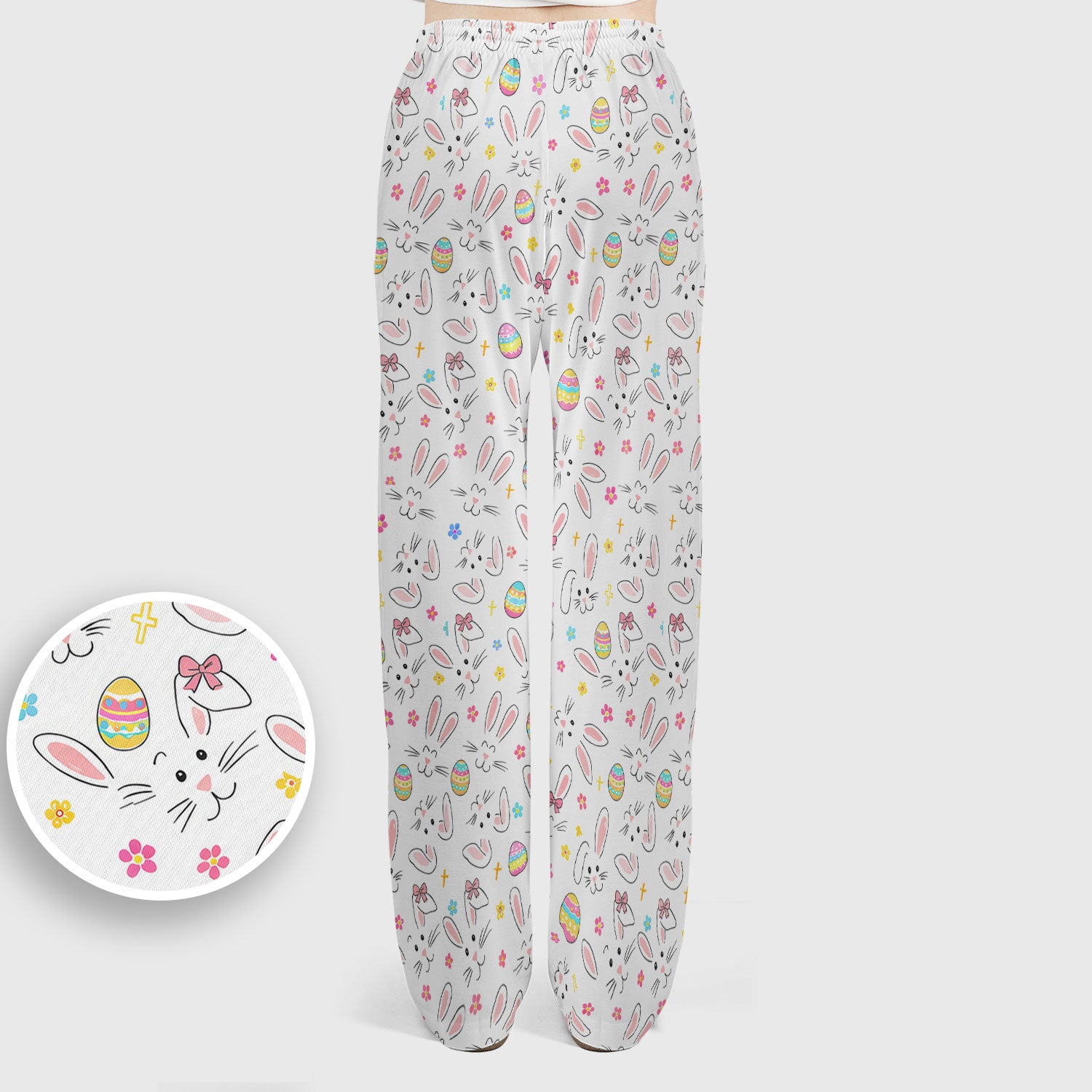 Easter Bunny Faces And Pastel Egg Print Scrub Set, Scrub Pants and V Neck Top