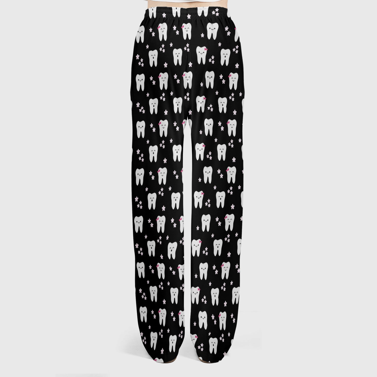 Cute Smiling Tooth And Flowers Scrub Set, Scrub Pants and V Neck Top