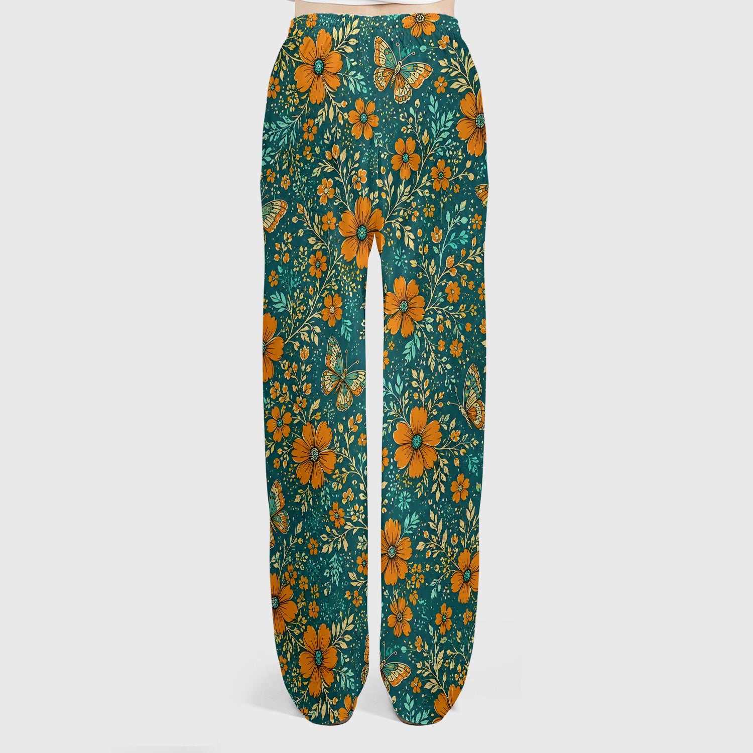 Orange Floral Butterfly Vine Pattern Scrub Set, Scrub Pants and V Neck Top