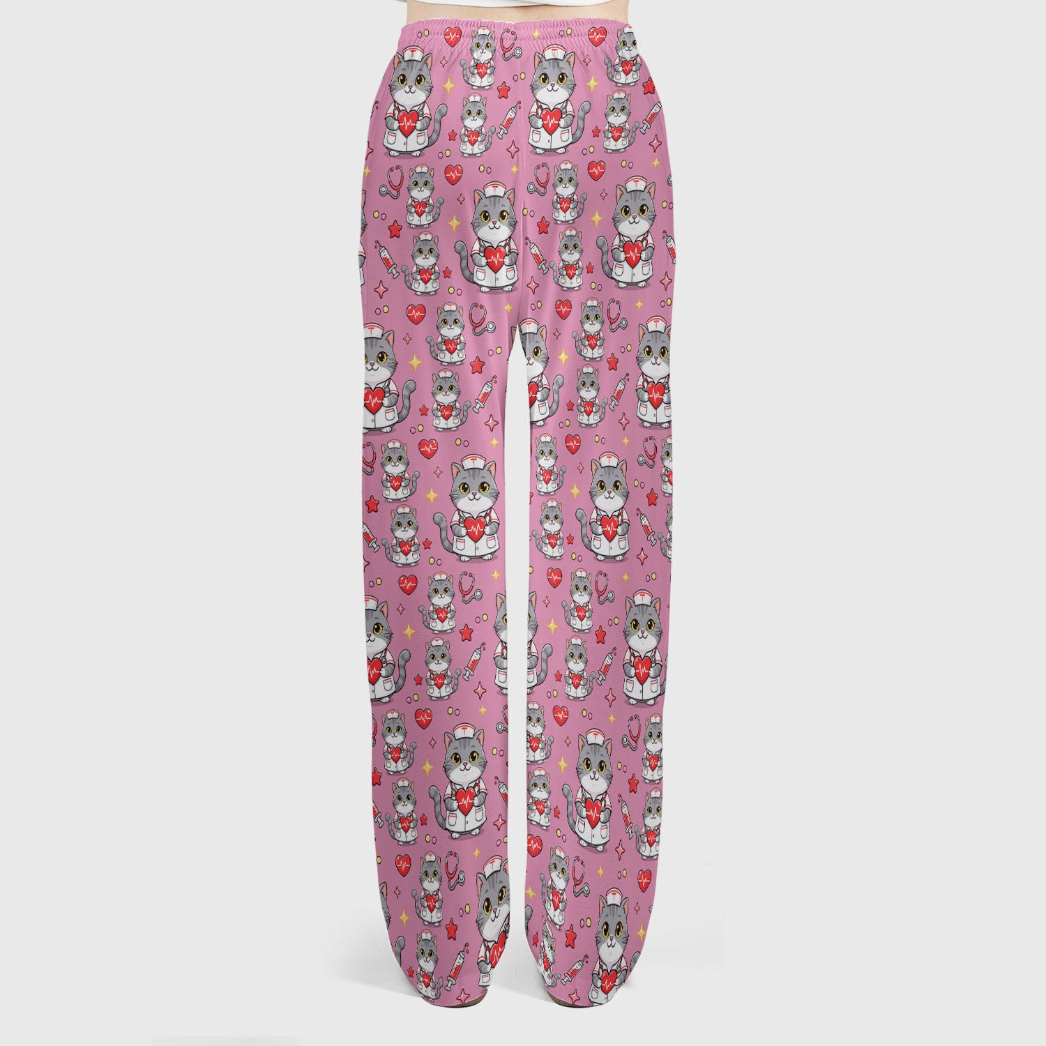 Cute Nurse Cat Heart Medical Print Scrub Set, Scrub Pants and V Neck Top