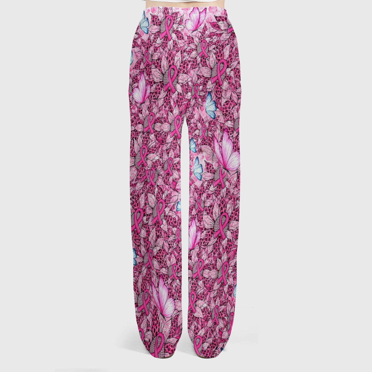 Pink Ribbon Butterfly Breast Cancer Scrub Set, Scrub Pants and V Neck Top