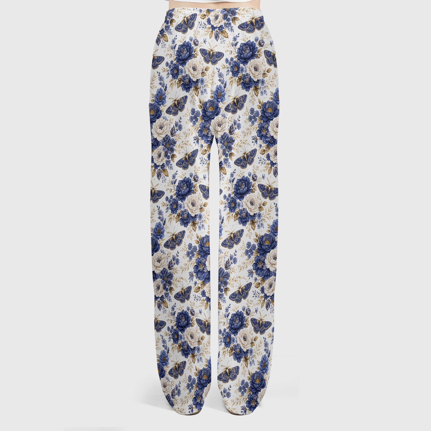 Cute Blue Floral Moth Pattern Scrub Set, Scrub Pants and V Neck Top