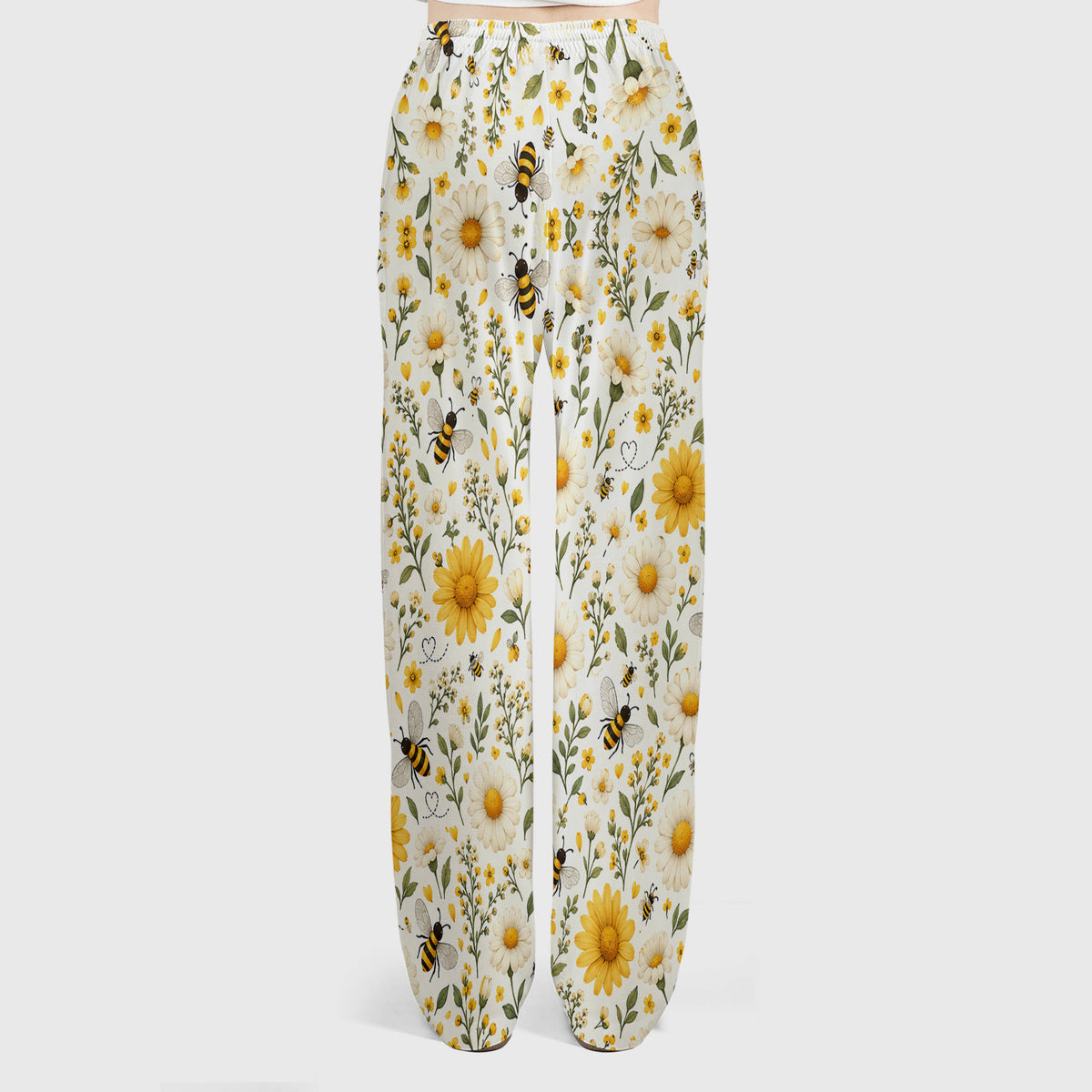 Cute Honey Bee And Daisy Pattern Scrub Set, Scrub Pants and V Neck Top