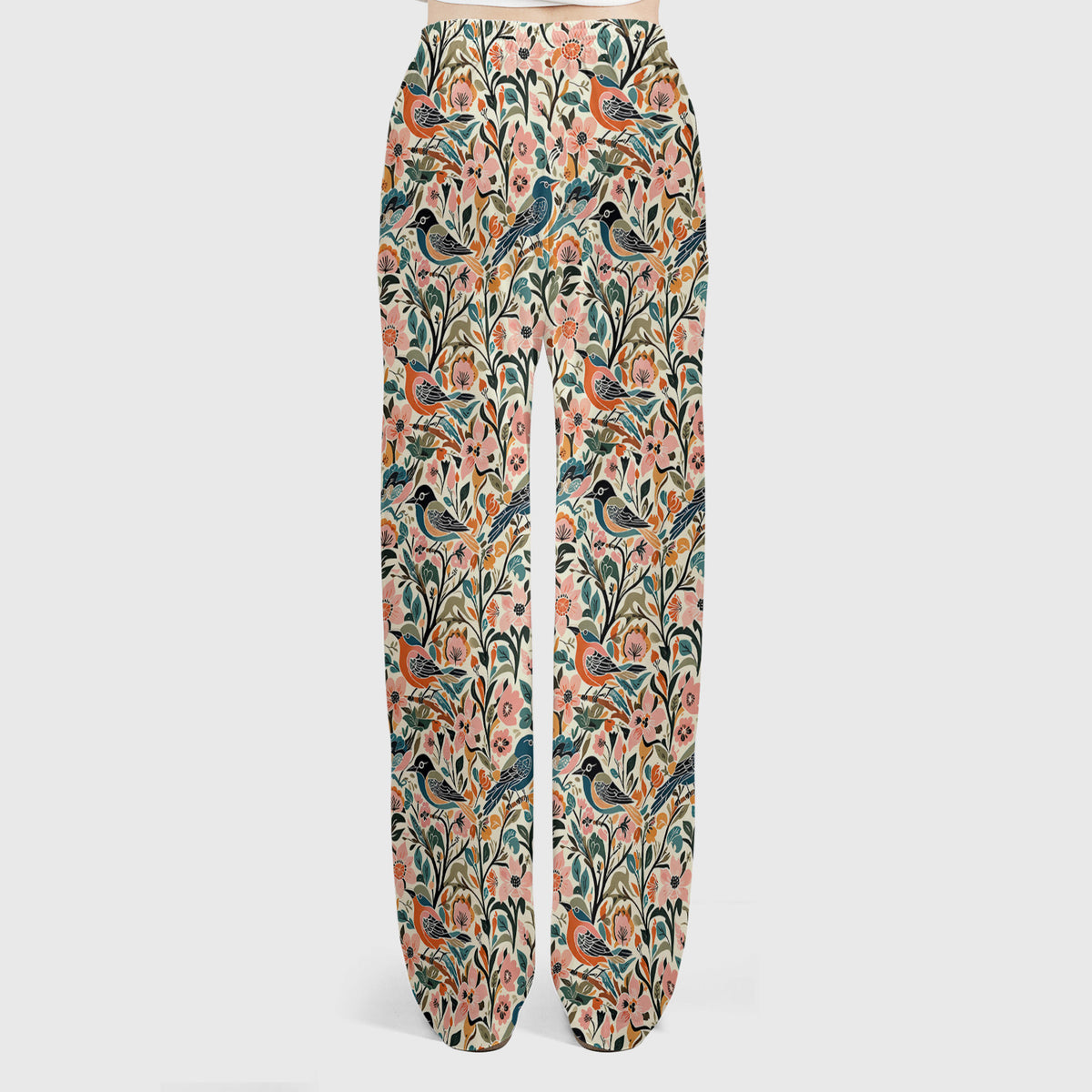 Folk Art Songbird Floral Pattern Scrub Set, Scrub Pants and V Neck Top