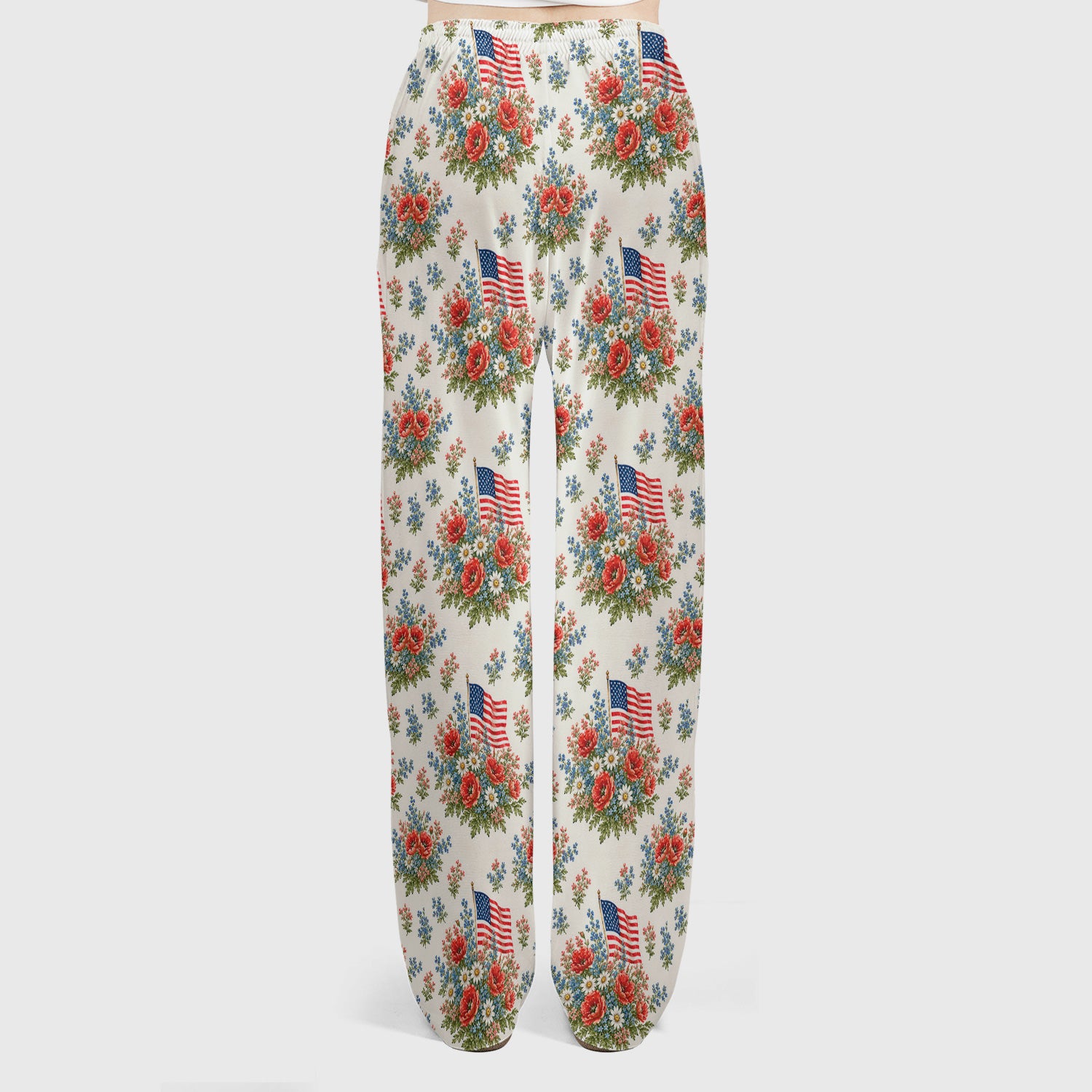 Patriotic Floral With USA Flag Pattern Scrub Set, Scrub Pants and V Neck Top