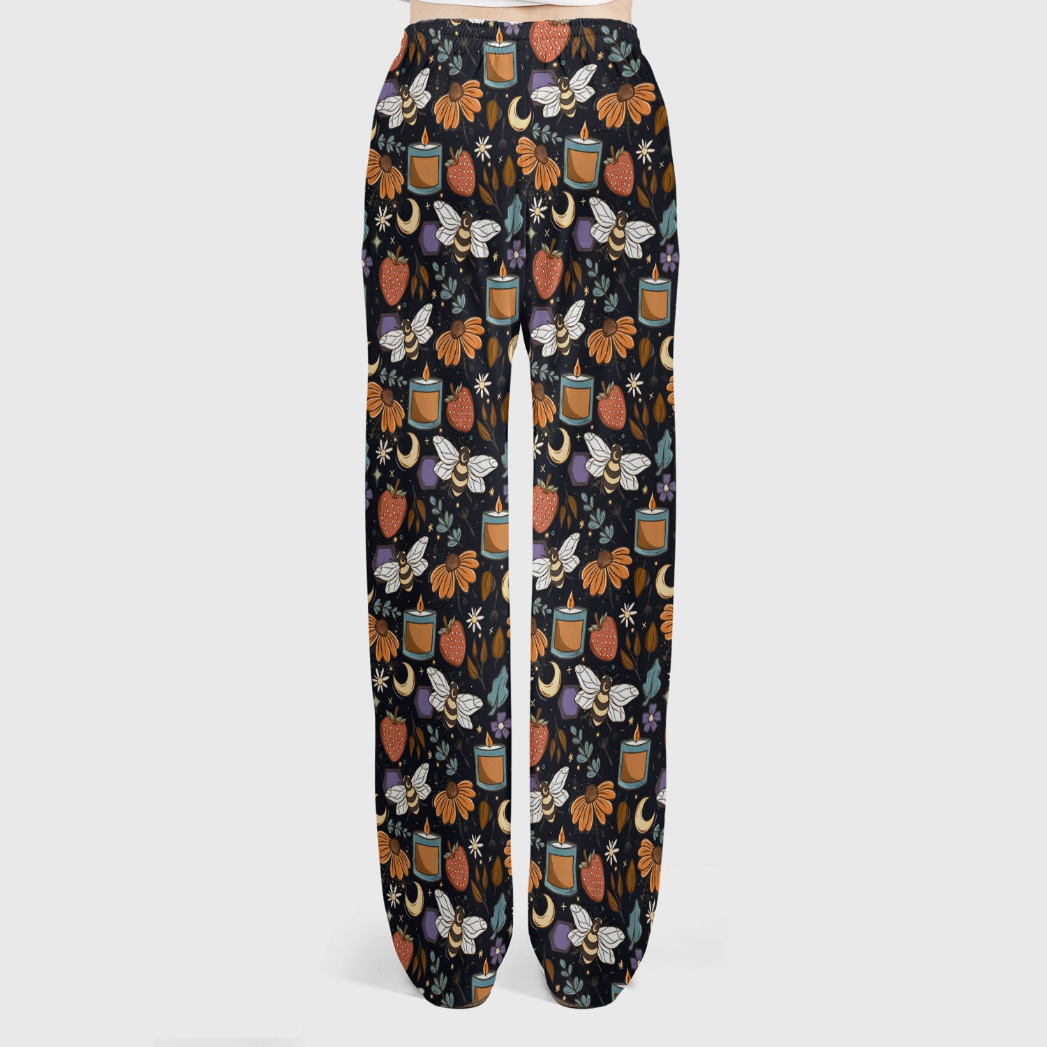 Bee Strawberry Floral Candle Pattern Scrub Set, Scrub Pants and V Neck Top