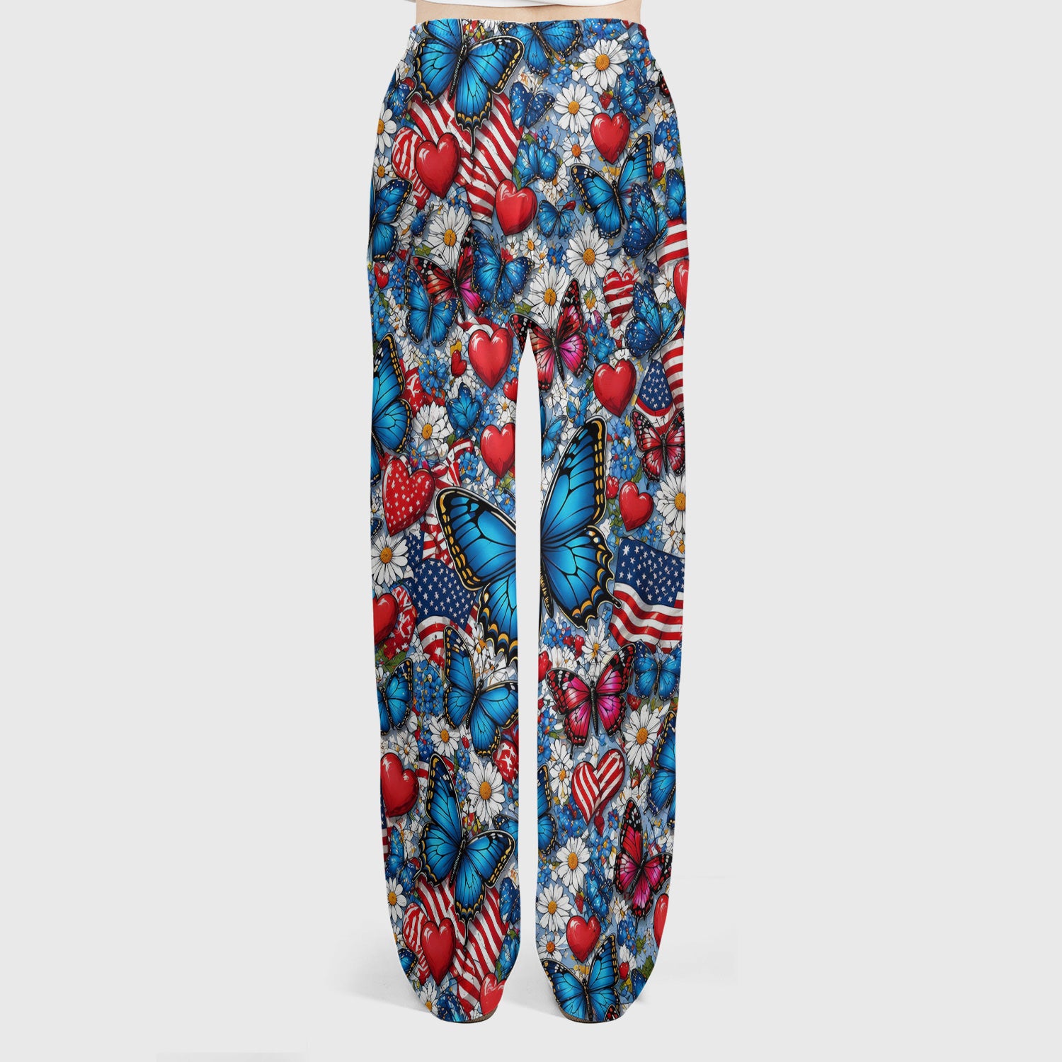 Festive Patriotic Butterfly Heart Floral Pattern Scrub Set, Scrub Pants and V Neck Top