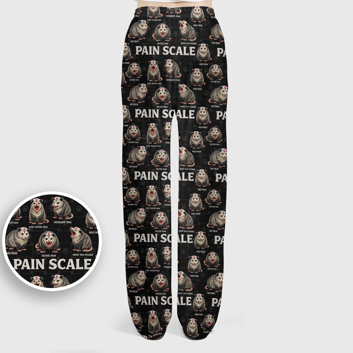 Edgy Possum Pain Scale Nurse Pattern Scrub Set, Scrub Pants and V Neck Top