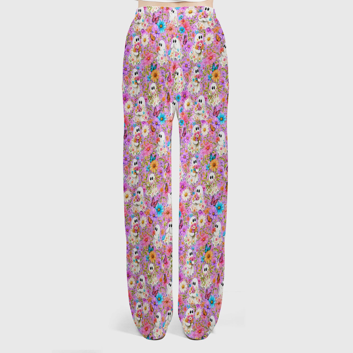 Cute Halloween Floral Ghosts And Butterflies Scrub Set, Scrub Pants and V Neck Top