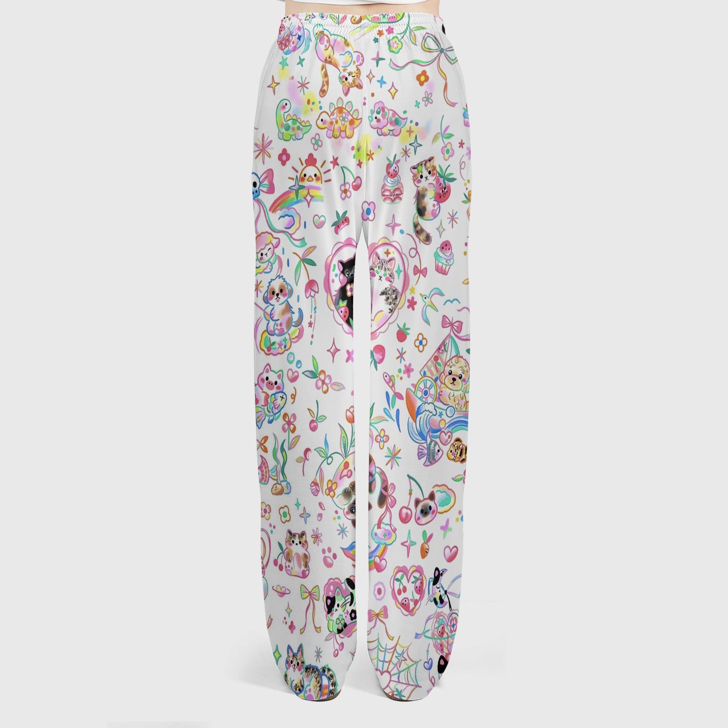 Cute Kawaii Animal Rainbow Heart Pattern Scrub Set, Scrub Pants and V Neck Top