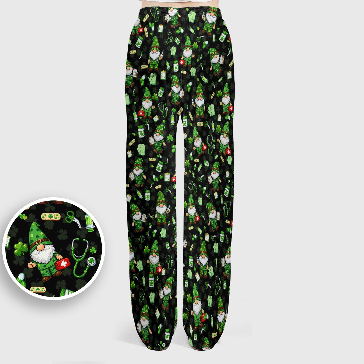 St. Patrick’s Day Nurse Gnome Scrub Set, Green Lucky Medical Pattern Nurse Shirt, Breathable Fabrics Nursing Uniform