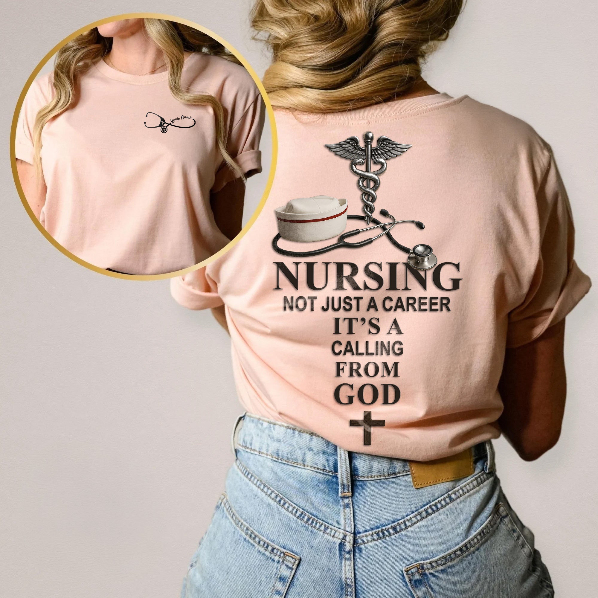 Personalized Christian Nurse Shirt with Faith Quote – Nursing Is a Calling from God – Custom Name Gift for RN LPN CNA