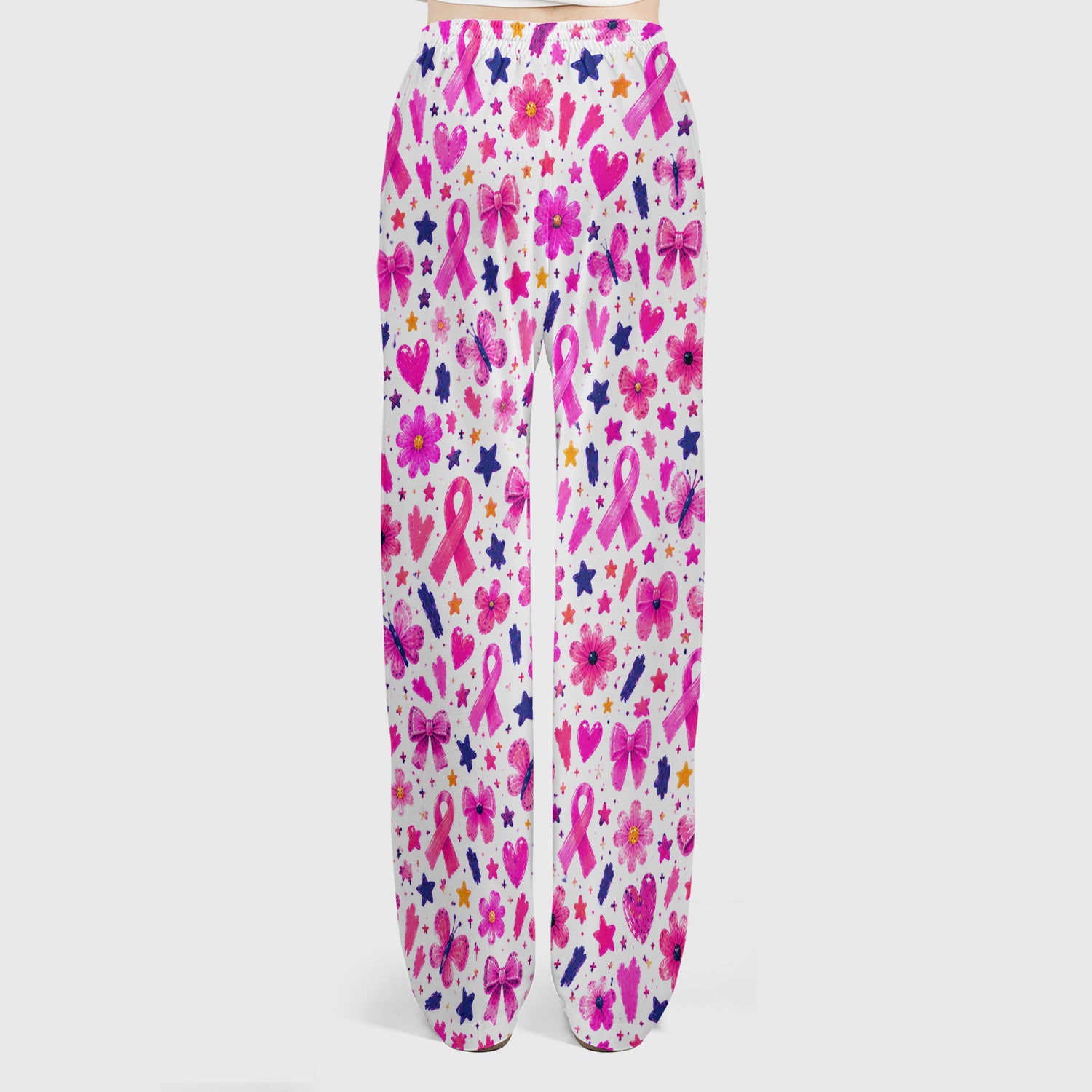 Pink Ribbon Floral Pattern Scrub Set, Scrub Pants and V Neck Top