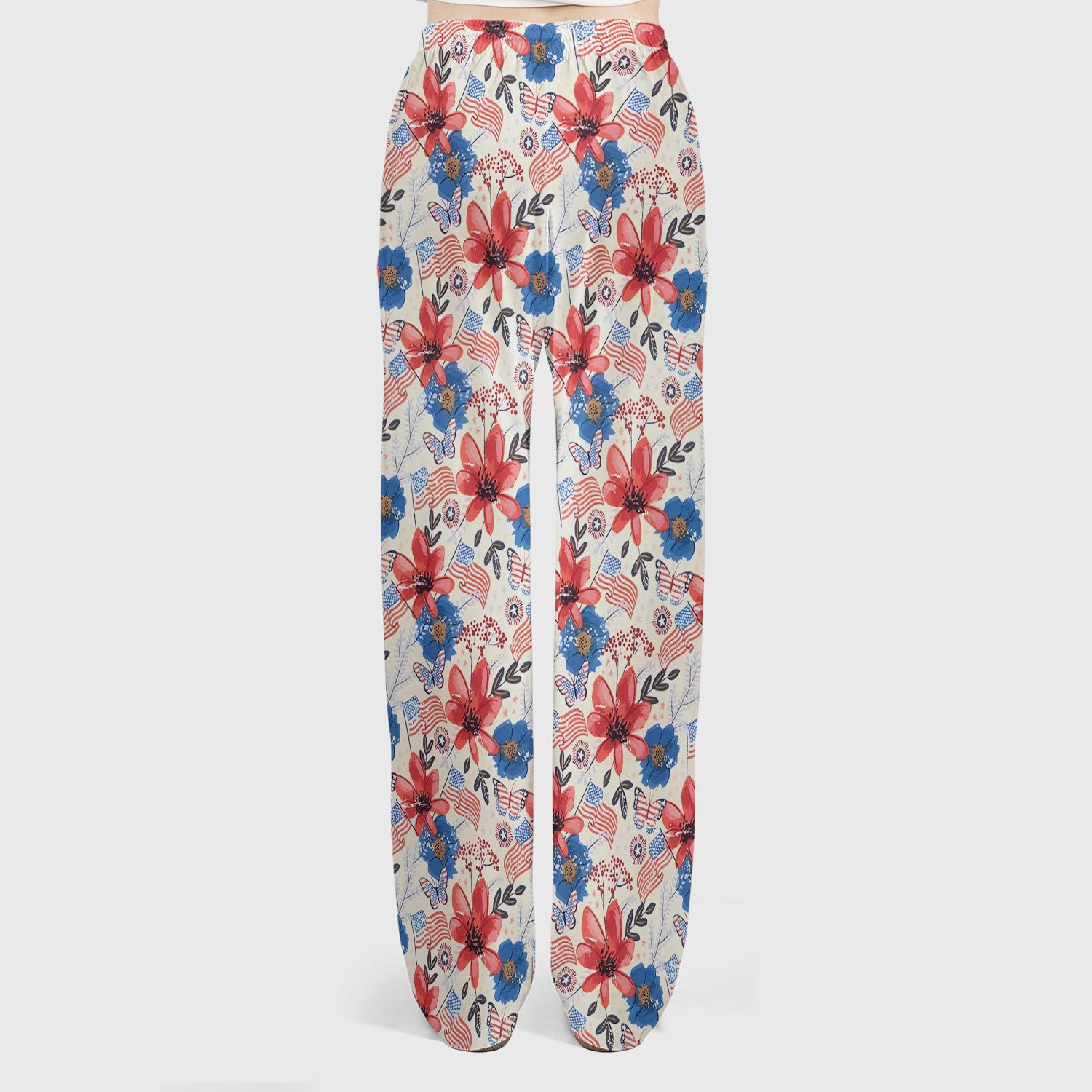 Patriotic Wildflower Flag Butterfly Pattern Scrub Set, Scrub Pants and V Neck Top