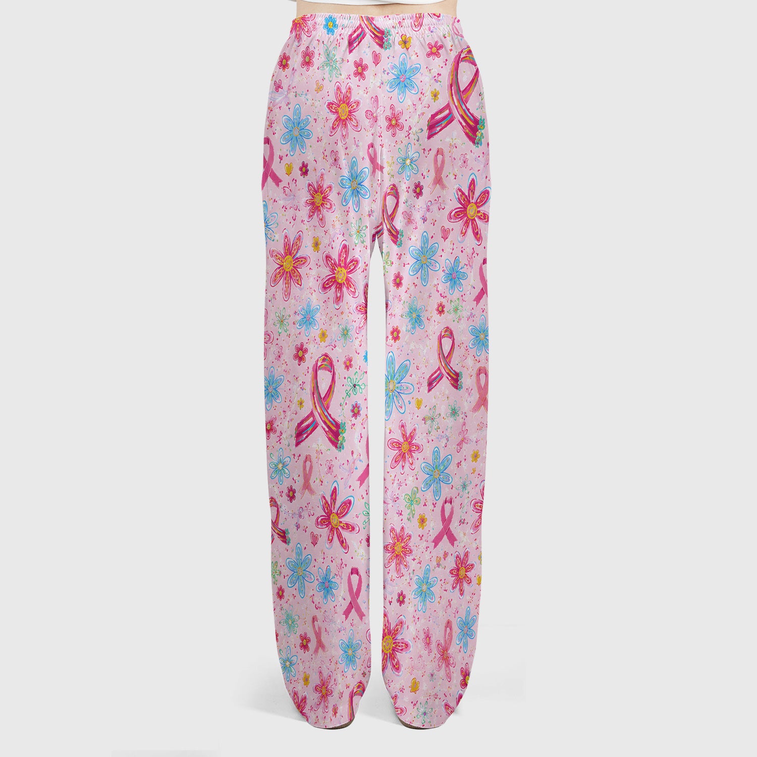 Floral Breast Cancer Awareness Print Scrub Set, Scrub Pants and V Neck Top