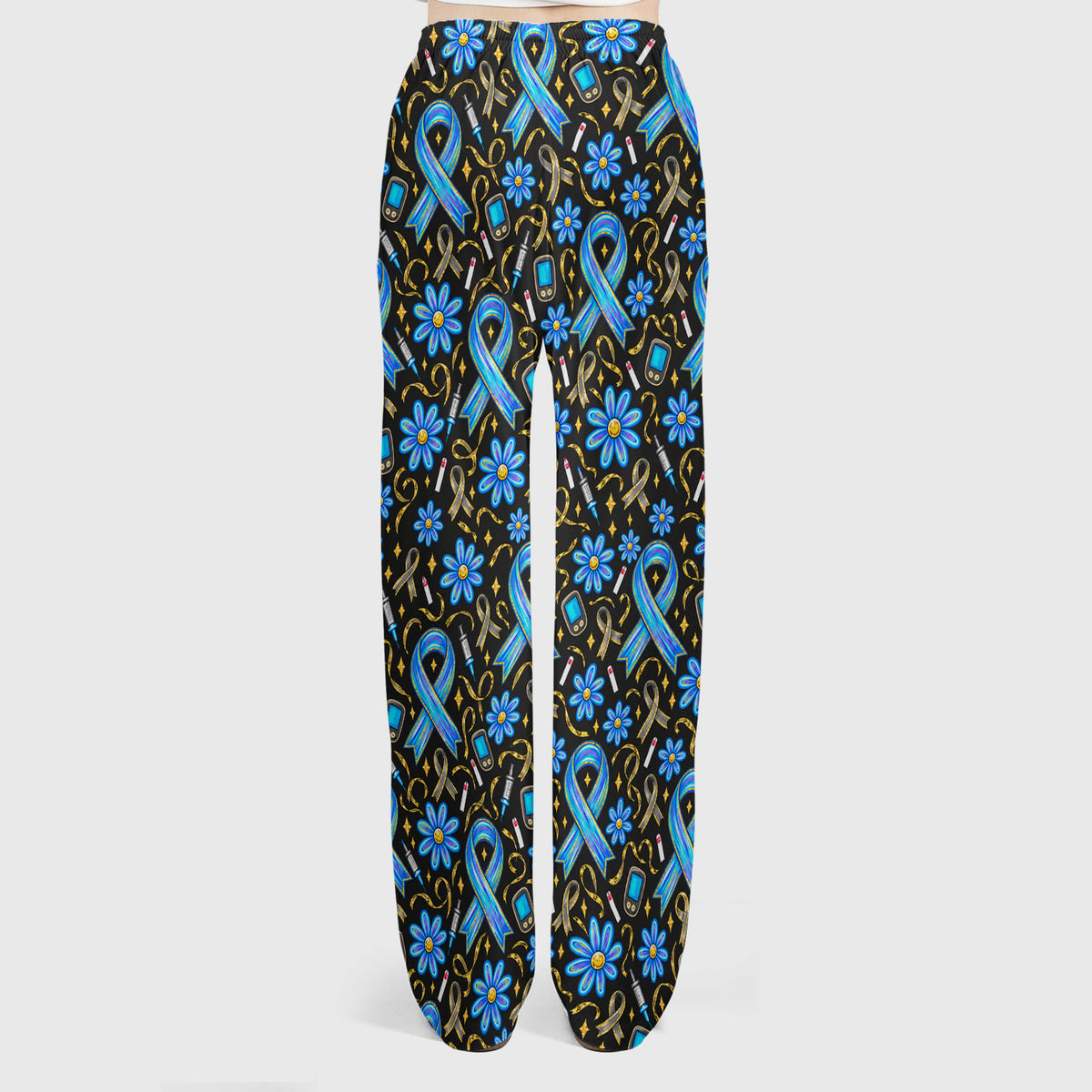 Diabetes Awareness Ribbon Pattern Scrub Set, Scrub Pants and V Neck Top