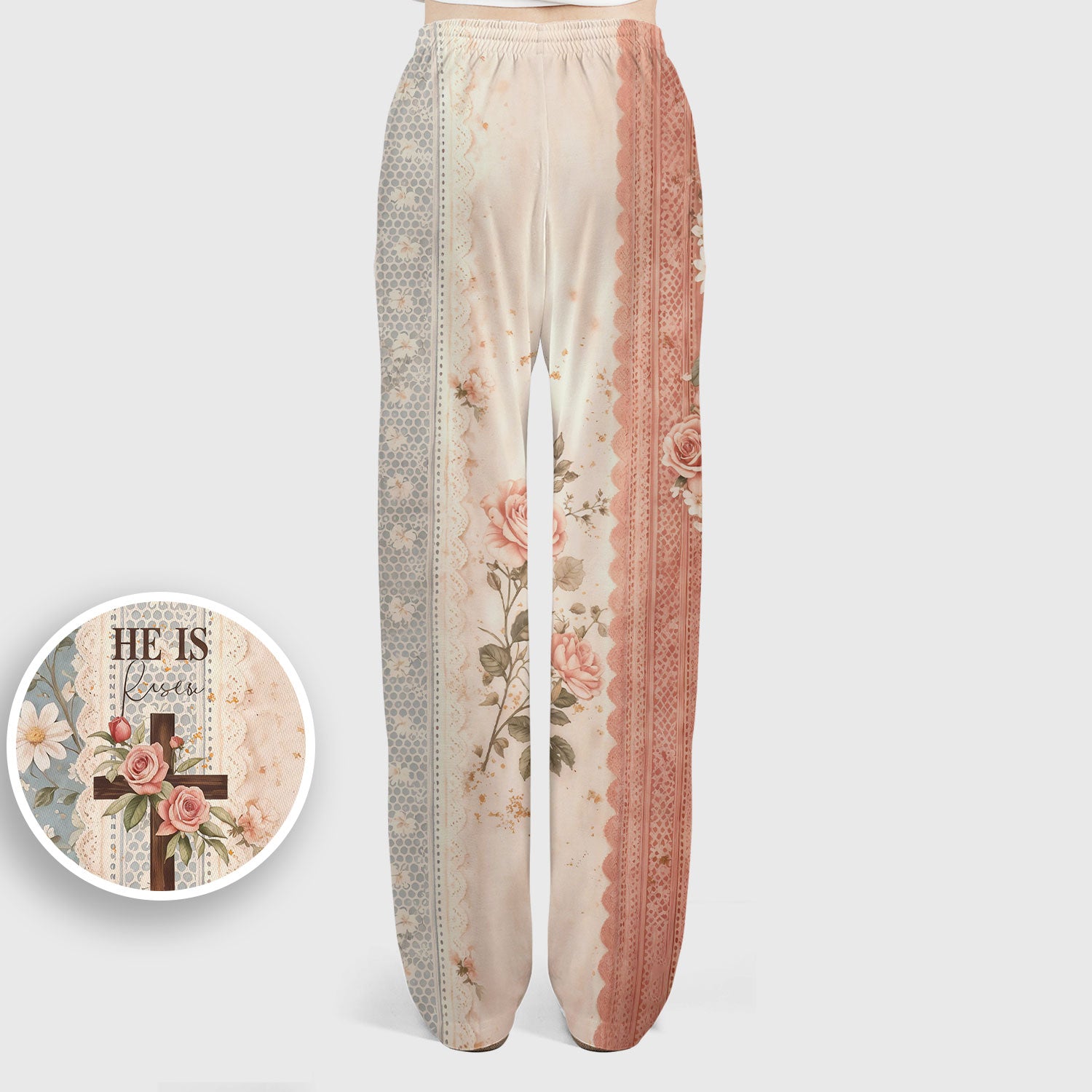 Inspirational Christian Cross Rose He Is Risen Vintage Floral Pattern Scrub Set, Scrub Pants and V Neck Top