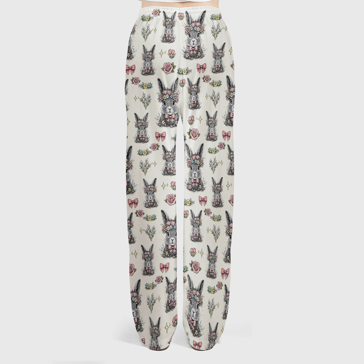Vintage Floral Bunny Print Scrub Set, Scrub Pants and V Neck Top