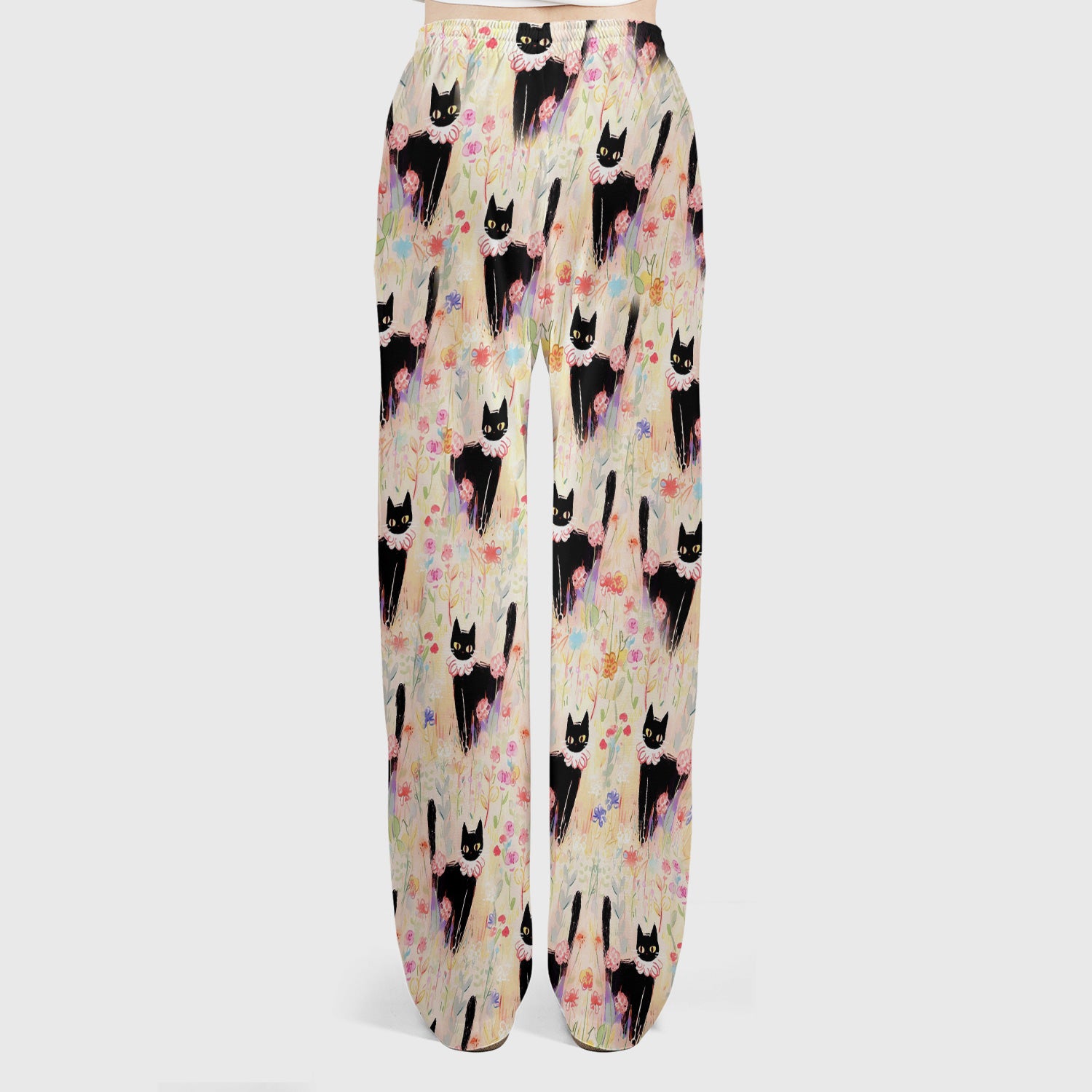 Black Cat Floral Garden Nurse Pattern Scrub Set, Scrub Pants and V Neck Top