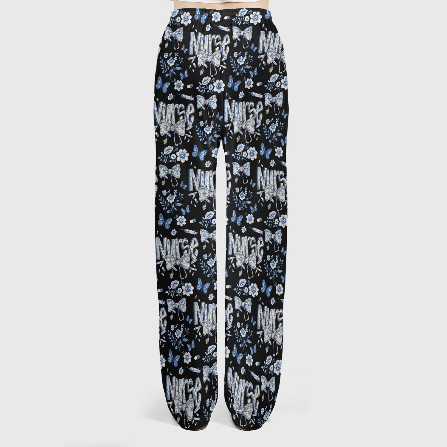 Blue Nurse Bow Butterfly Floral Pattern Scrub Set,  Breathable Med Uniform