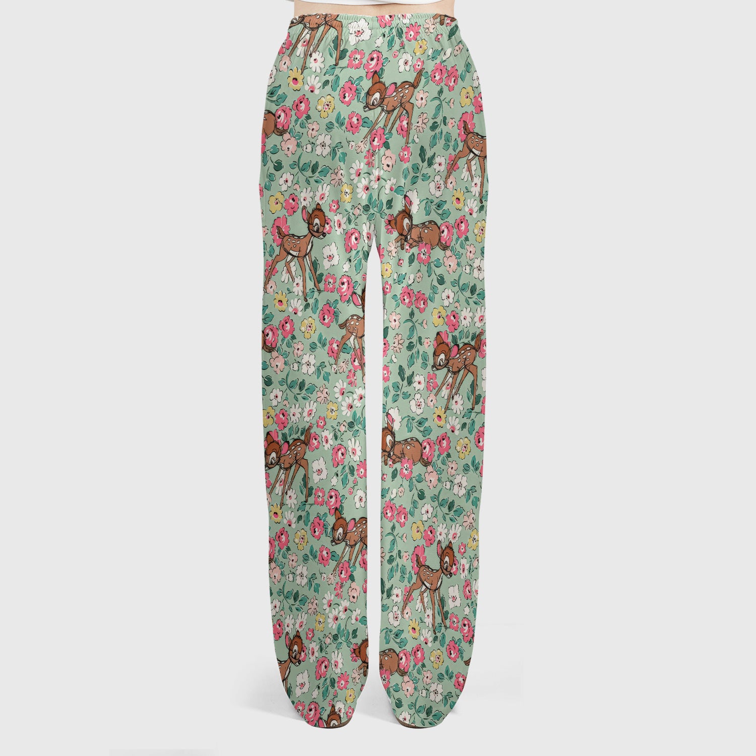 Cute Baby Deer Floral Pattern Scrub Set, Scrub Pants and V Neck Top